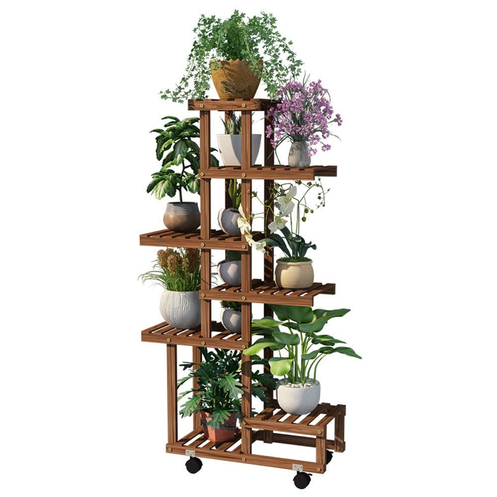 Wooden Flower Ladder Stand with Wheels - Indoor/Outdoor Plant Display Shelf for Gardening