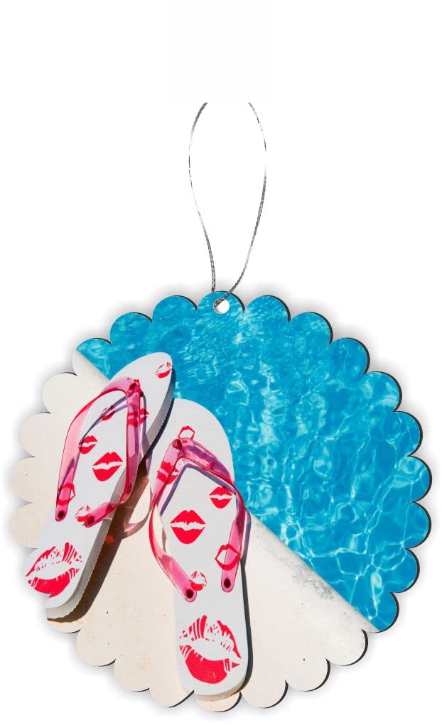 Kissing Lips Flip Flops Pool Decor - Round Scalloped Car Rearview Mirror Hanging Ornament for Beach, Summer Vacation & Christmas Tree Decoration