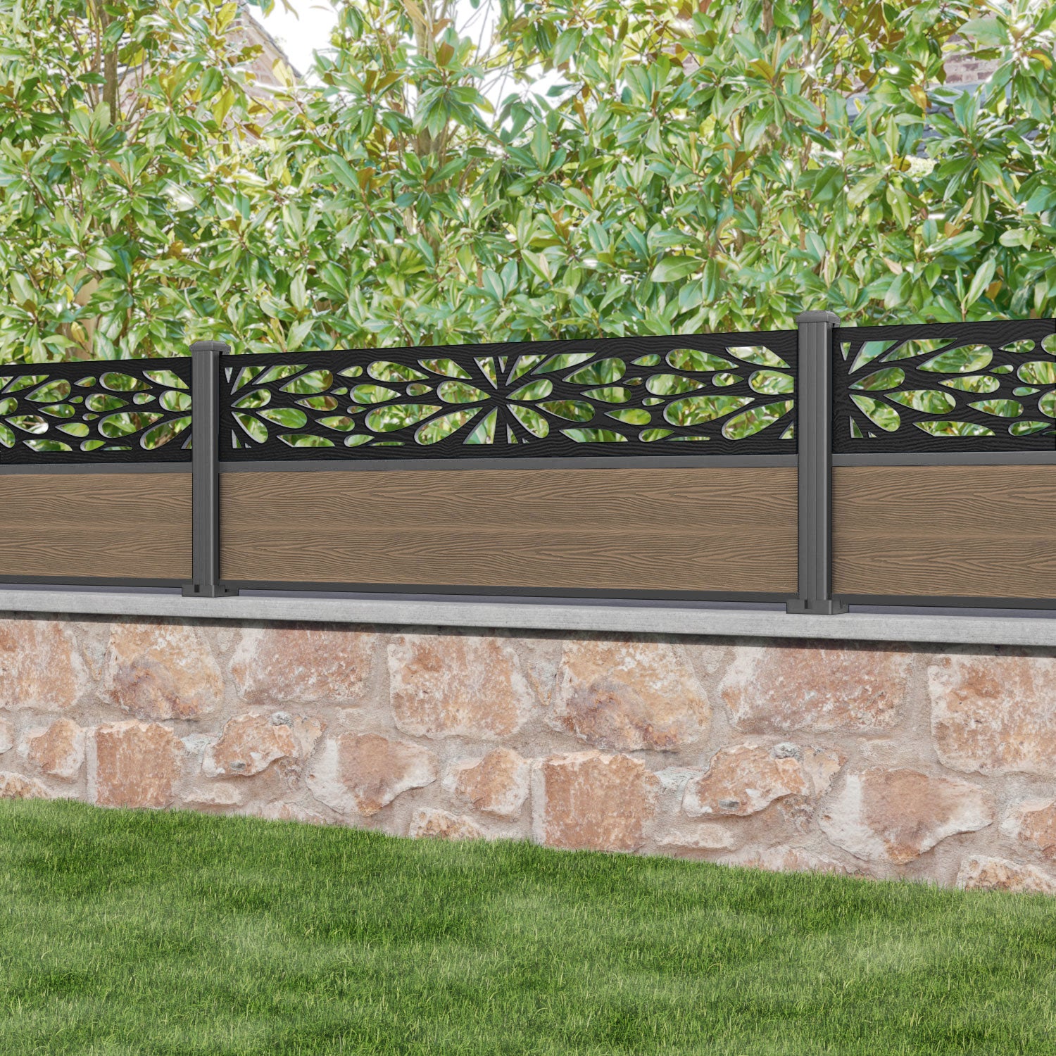 Classic Blossom Teak Wood Fence Panel with Aluminum Posts - Durable Outdoor Garden Fencing for Patio, Yard, and Poolside Privacy