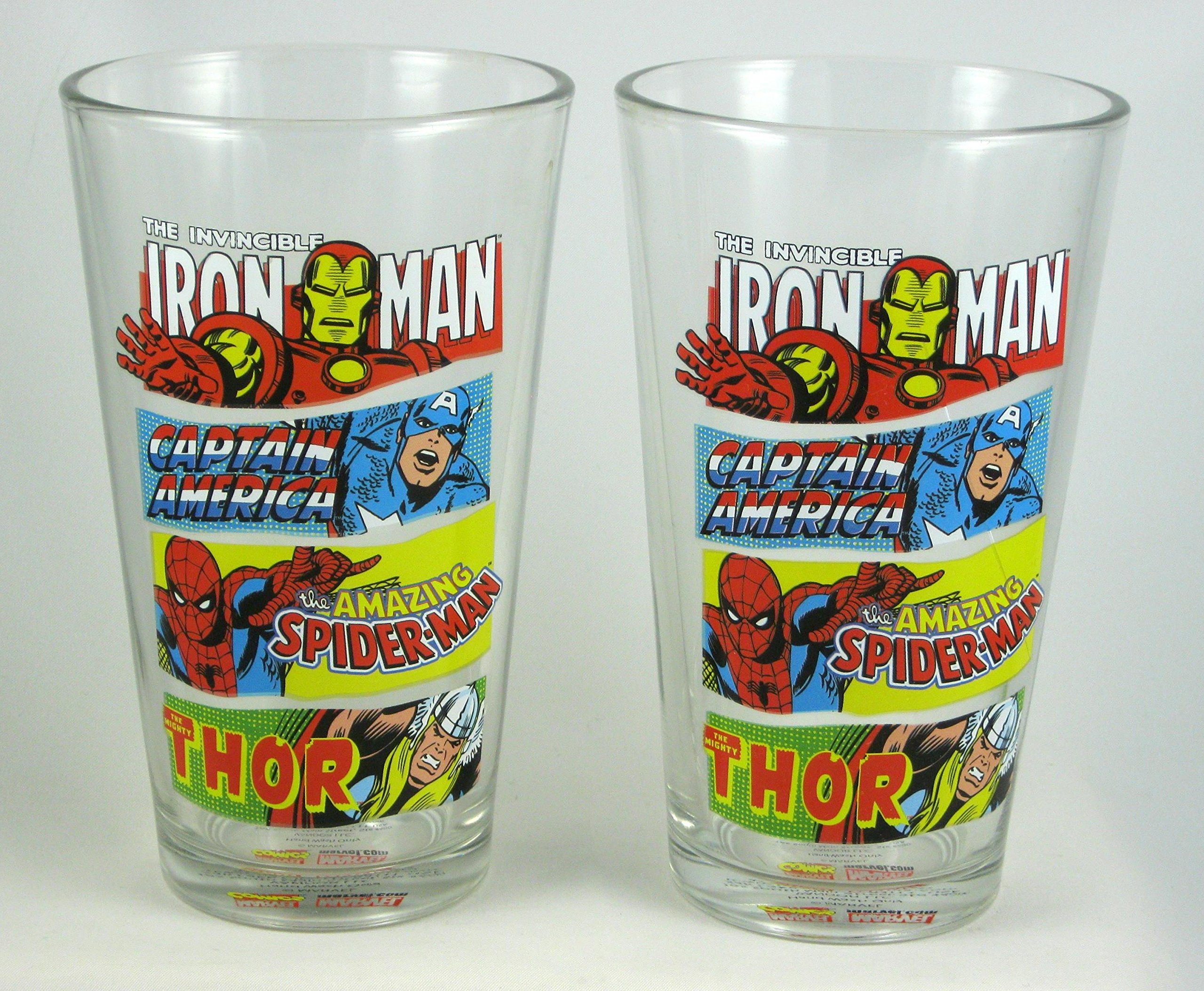 Marvel Comics 16oz Superheroes Drinking Glasses Set - Iron Man, Spider-Man, Captain America & Thor - Perfect for Parties, Collectibles & Superhero Fans