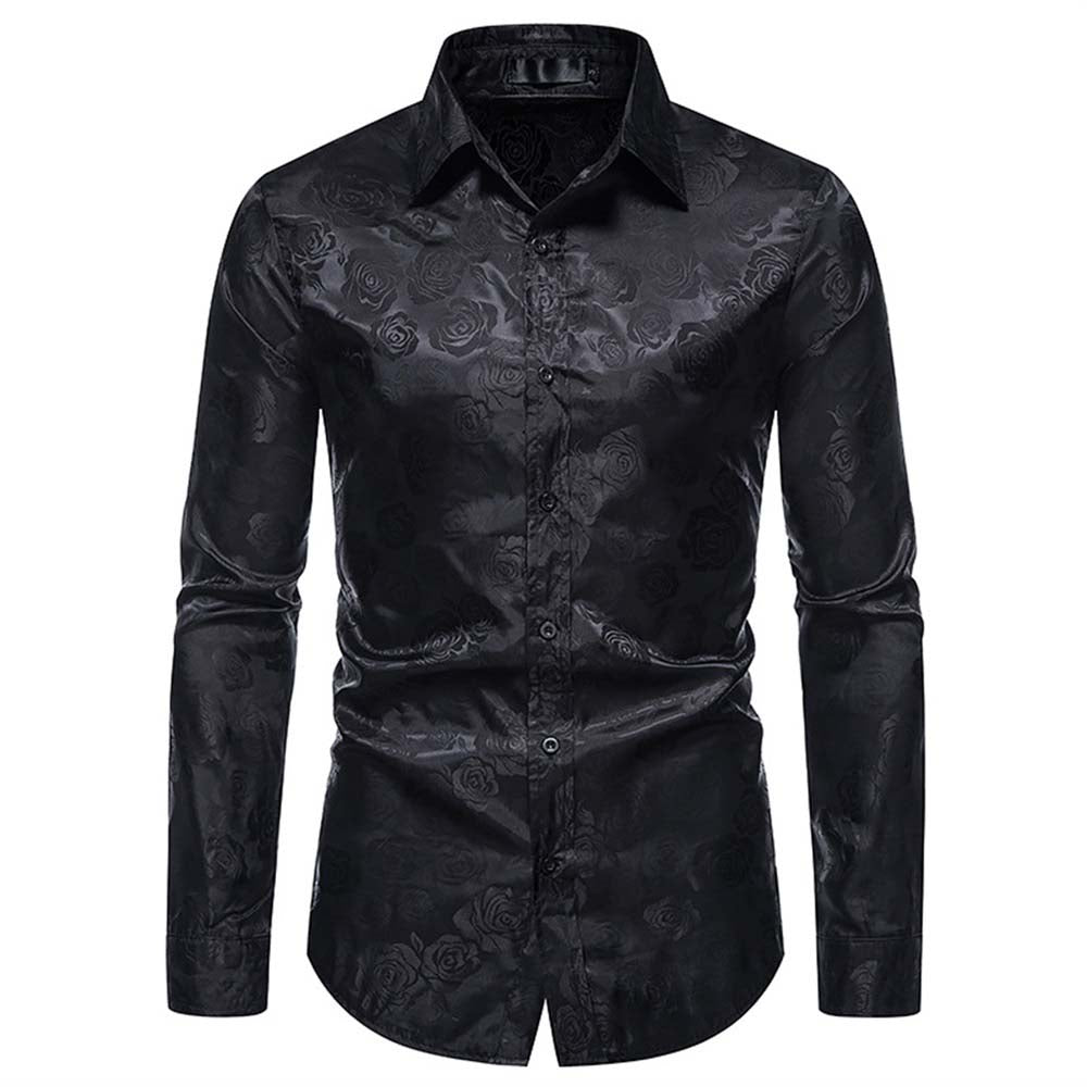 Men's Slim Fit Rose Printed Casual Shirt - Black Stylish Button Down Shirt for Work, Date Night & Everyday Wear