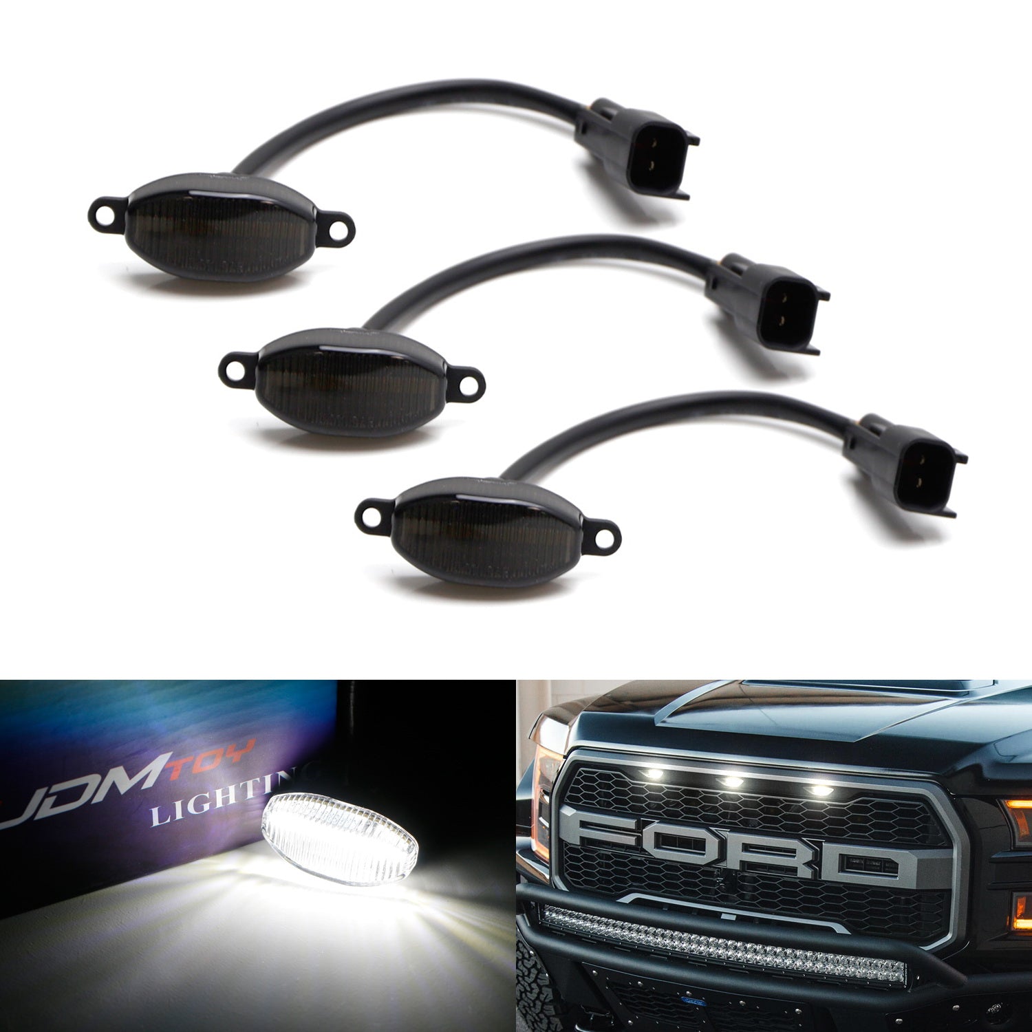 3pcs Smoked 12 SMD Xenon White LED Front Grille Running Lights for Ford Raptor - Durable Off-Road Lighting for Trucks & SUVs, Perfect for Night Driving & Adventure