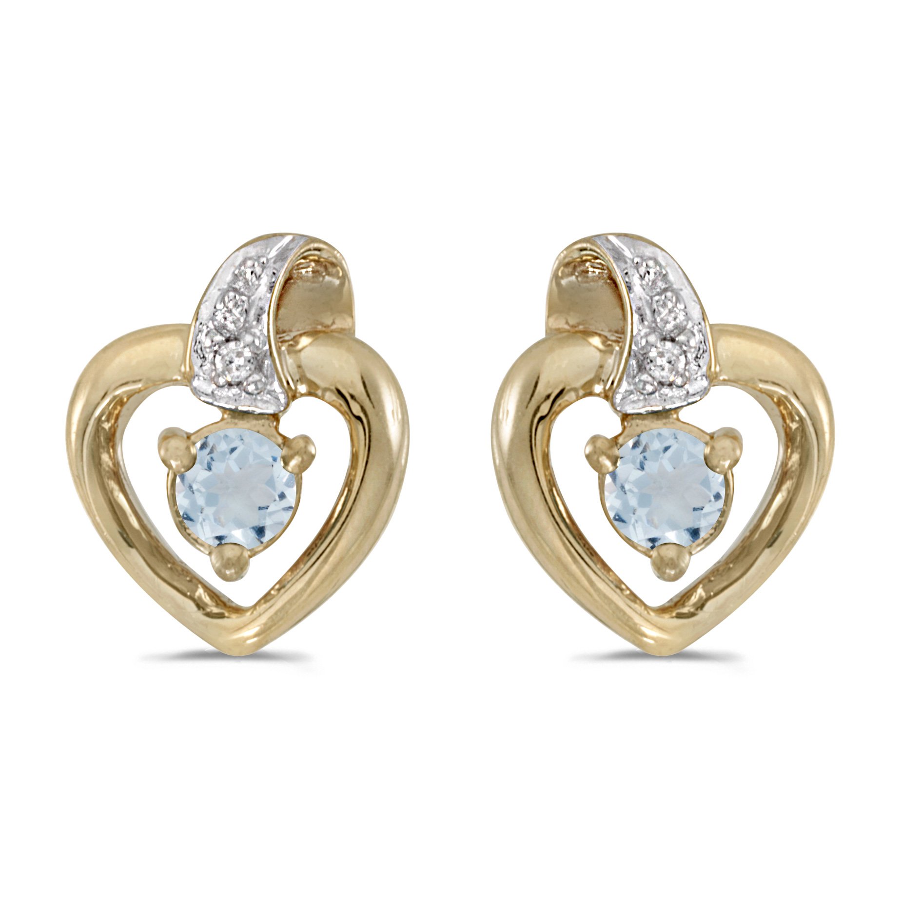 14K Yellow Gold Round Aquamarine and Diamond Heart Stud Earrings for Women - Elegant Gift for Valentine's Day, Anniversary or Birthday - Perfect for Date Night, Wedding & Special Occasions