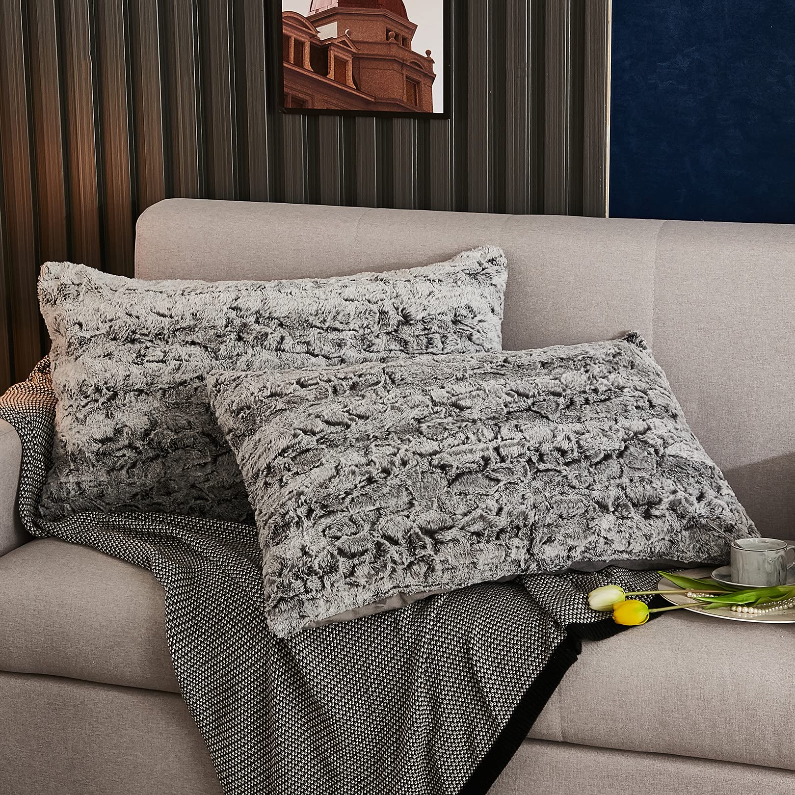 Fluffy Faux Fur Pillow Covers Set of 2 - Ombre Shaggy Plush Mink Velvet Decorative Throw Pillow Cases with Zipper Closure, 20x36 Inches, Dark Grey - Perfect for Sofa, Bed, Couch & Home Decor
