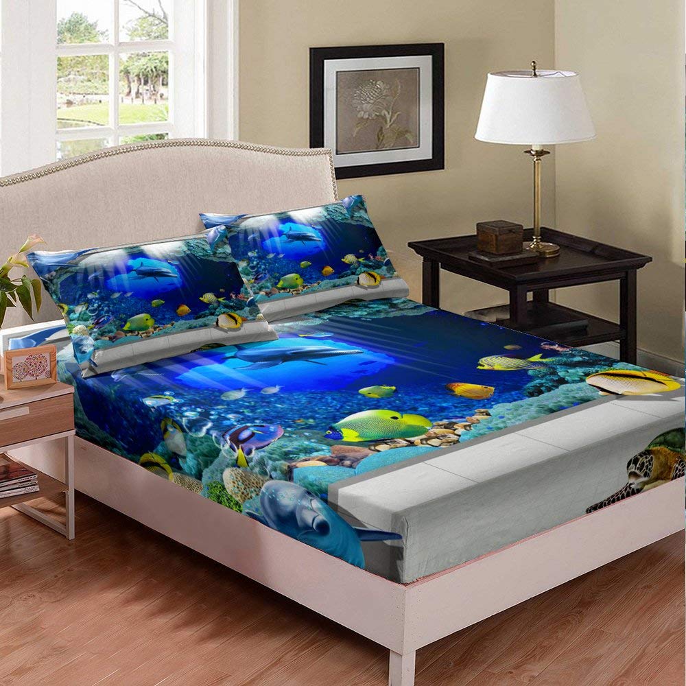 3D Ocean Life Dolphin Fish Print Twin XL Fitted Sheet & Pillowcase Set - Blue Underwater World Themed Bedding for Boys & Girls - Perfect for Kids' Rooms, Themed Bedrooms & Ocean Lovers