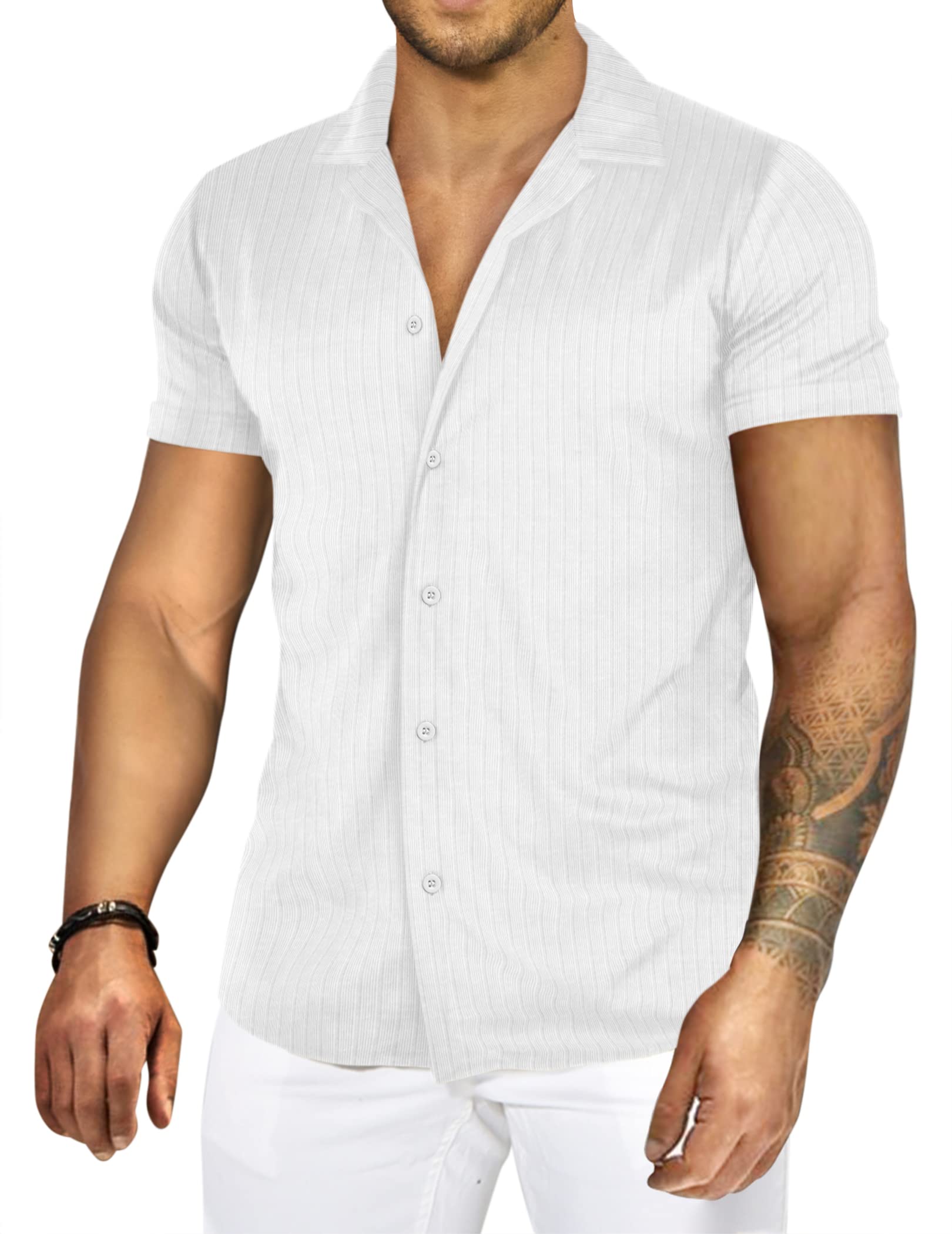 Tinkwell Men's Knitted Summer Shirts - Short Sleeve Slim Fit Stretch Casual Button Down Muscle Tee for Men | Lightweight Breathable Fabric for Outdoor Activities & Beach Wear