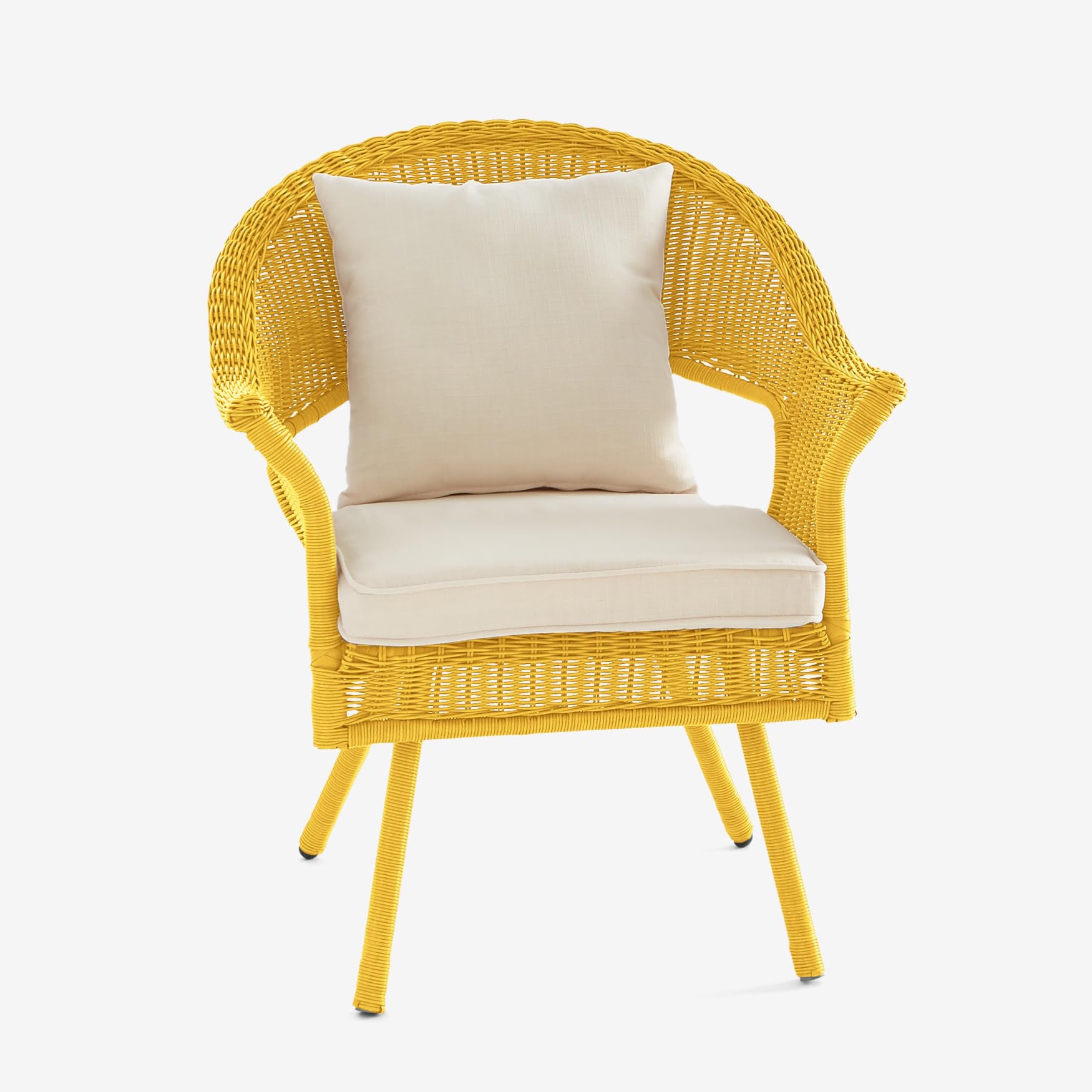 BrylaneHome Outdoor Stacking Chair - Weather Resistant Hand-Woven Resin Wicker with Free Cushions (250 lb Capacity, Lemon) - Perfect for Patio, Deck, Backyard & Garden Relaxation