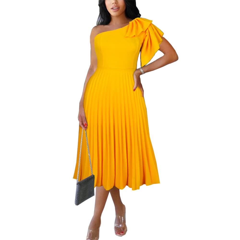 AOMEI Women's Yellow One Shoulder Ruffled High Waist Pleated A-Line Dress for Cocktail Party, Wedding Guest, Summer Vacation & Date Night