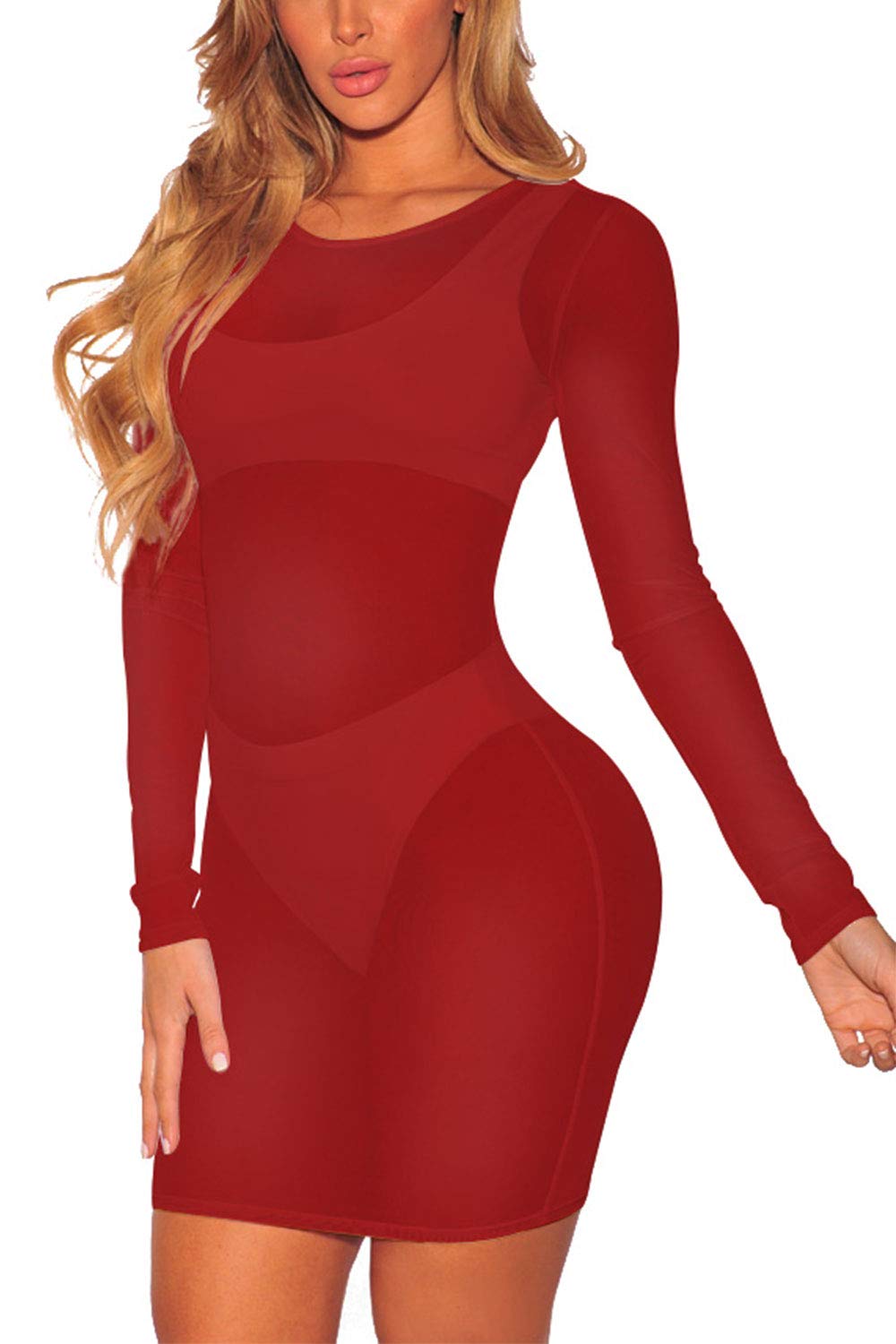 COCOLEGGINGS Women's Sheer Mesh Long Sleeve Beach Cover Up Dress - Sexy Swimwear Coverup for Pool, Vacation & Summer Outfits