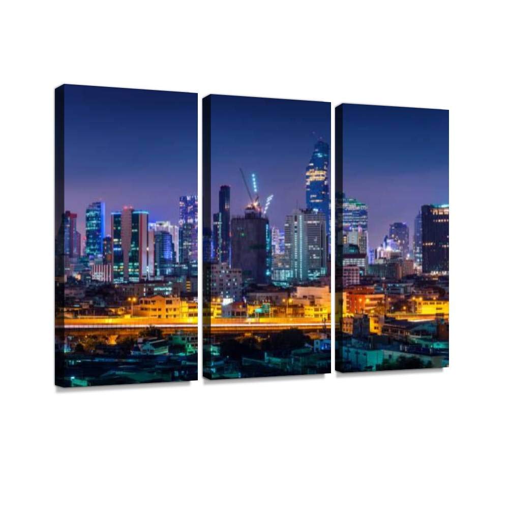 Bangkok Thailand Night Skyline Canvas Wall Art - 3 Panel Cityscape & Traffic Painting for Living Room, Bedroom Decor - Perfect for Modern Home & Office Wall Decoration