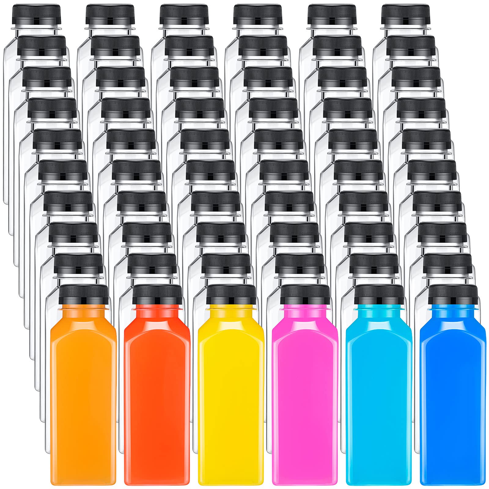 200 Pcs 12oz Black Square Plastic Juice Bottles with Caps - Clear Empty Reusable PET Water Bottles Bulk for Drinking, Beverage, Juicing - Refillable Containers with Lids for Home, Party, Restaurant, Cafe, Juice Bar