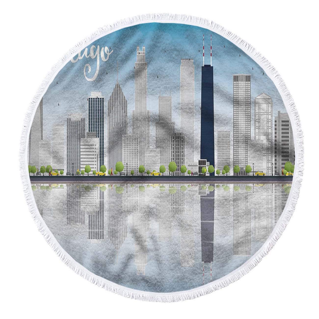 Chicago City Skyline Round Beach Towel - 63 Inch Microfiber Blanket with Grey Skyscrapers & Reflections for Women, Tassel Trim - Perfect for Beach, Pool, Picnic & Outdoor Activities