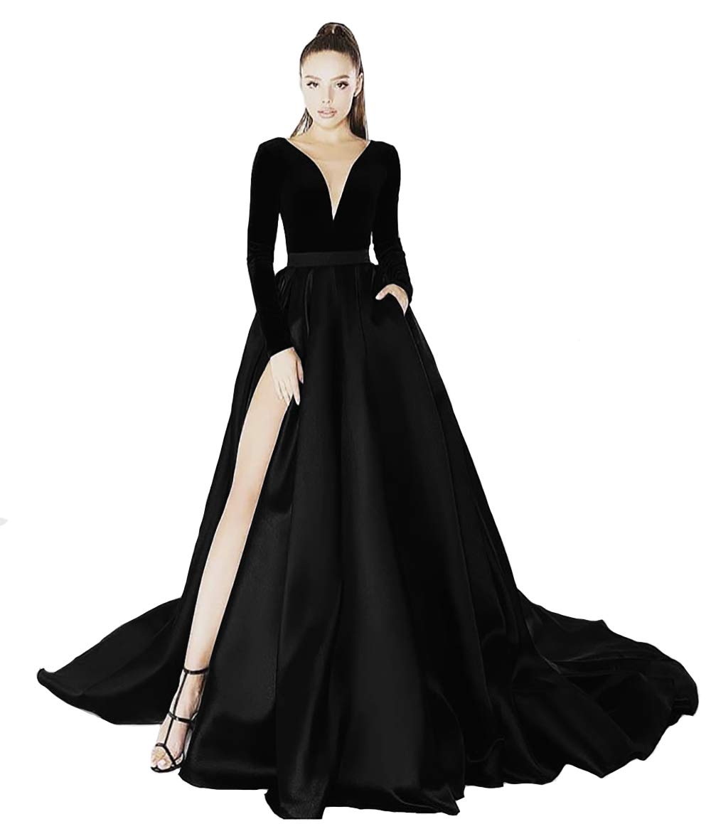 IVYPRECIOUS Women's V-Neck A-Line Prom Dress Long Sleeve Velvet Evening Gown with High Slit - Elegant Party Dress for Homecoming, Formal Events & Special Occasions