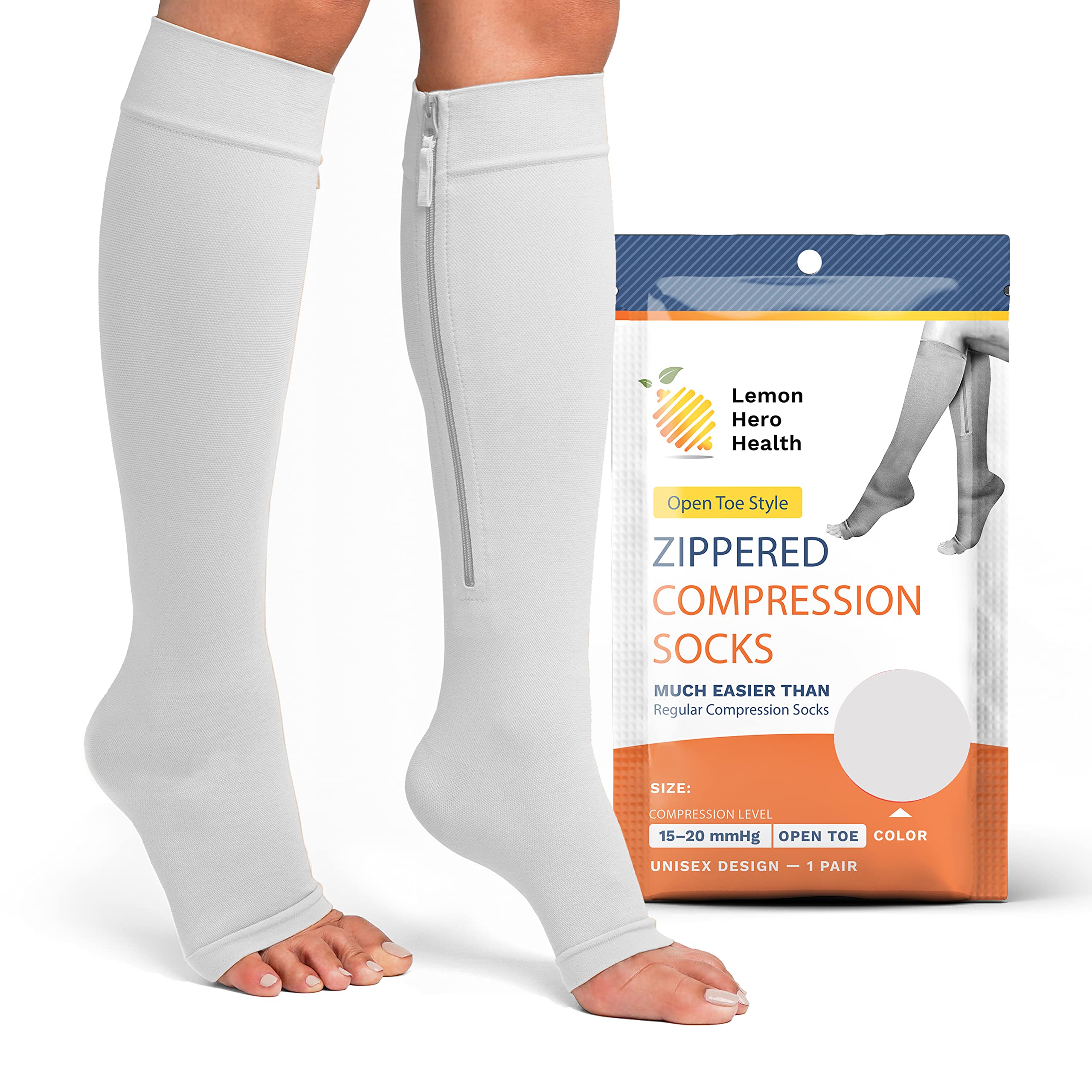 Lemon Hero Open Toe Medical Compression Socks 15-20 mmHg with Zipper - Improves Blood Circulation, Reduces Swelling & Pain - Diabetic Socks for Nurses, Running & Travel - 3XL White (1 Pair) - Perfect for Long Shifts, Workouts & Airplane Flights