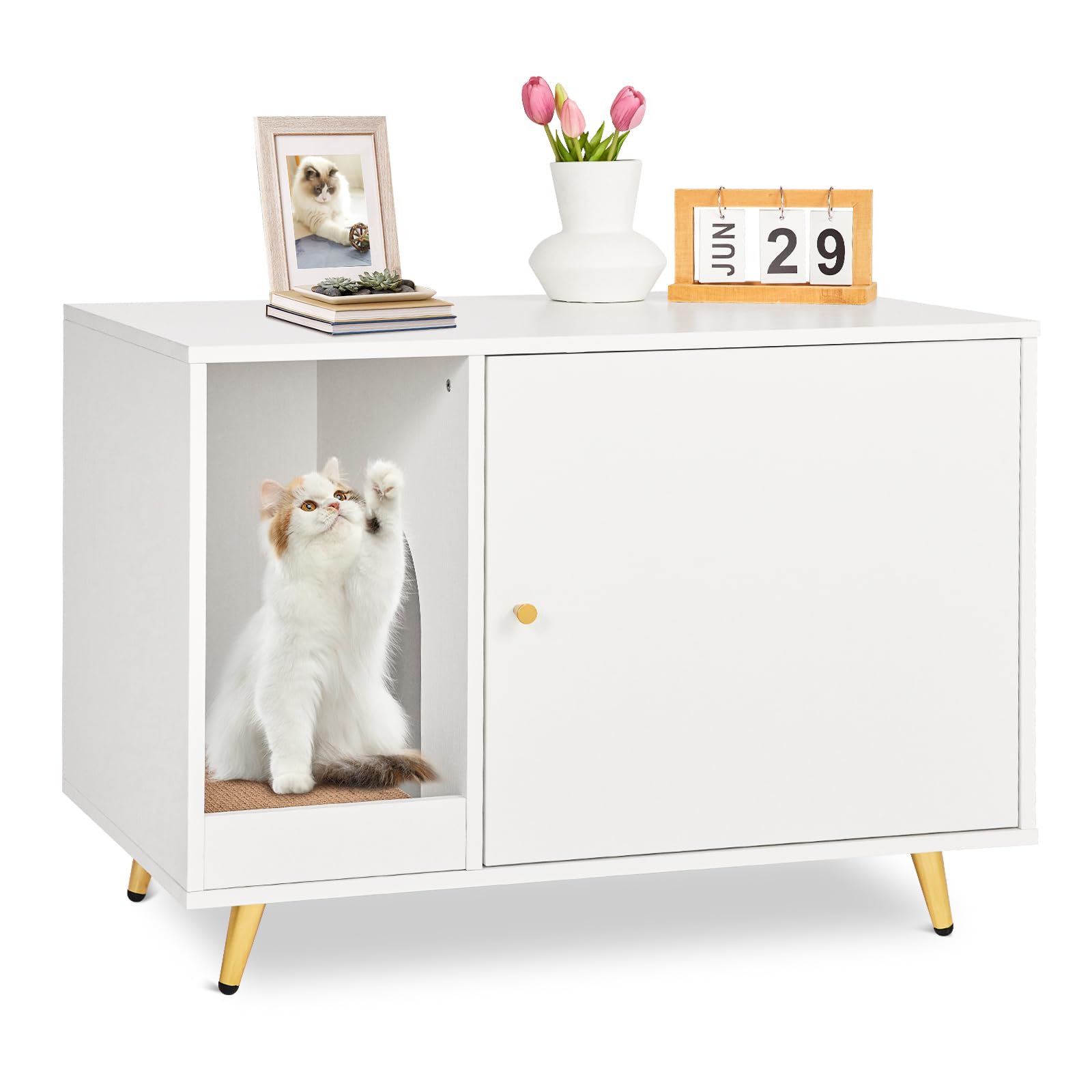 **Hidden Cat Litter Box Enclosure - Wooden Cat Washroom Cabinet with Scratcher, Kitten House & Side End Table - Pet Crate Furniture for Most Cats & Litter Boxes (White) | Perfect for Living Rooms, Bedrooms & Small Spaces**