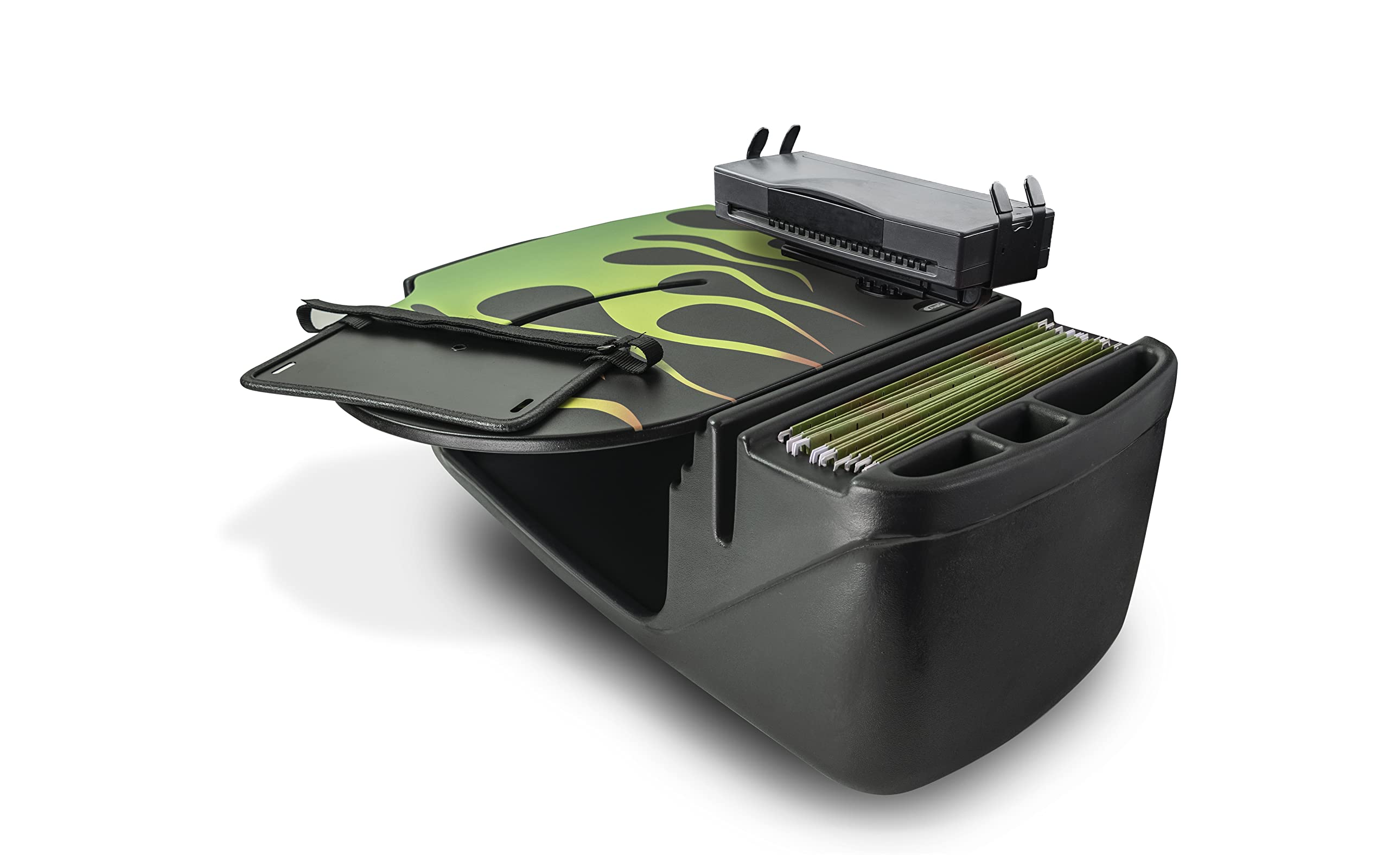 AutoExec AUE22050 Roadmaster Car Desk - Candy Apple Green Flames Design with Printer Stand | Portable Workstation for Truck Drivers & Mobile Professionals