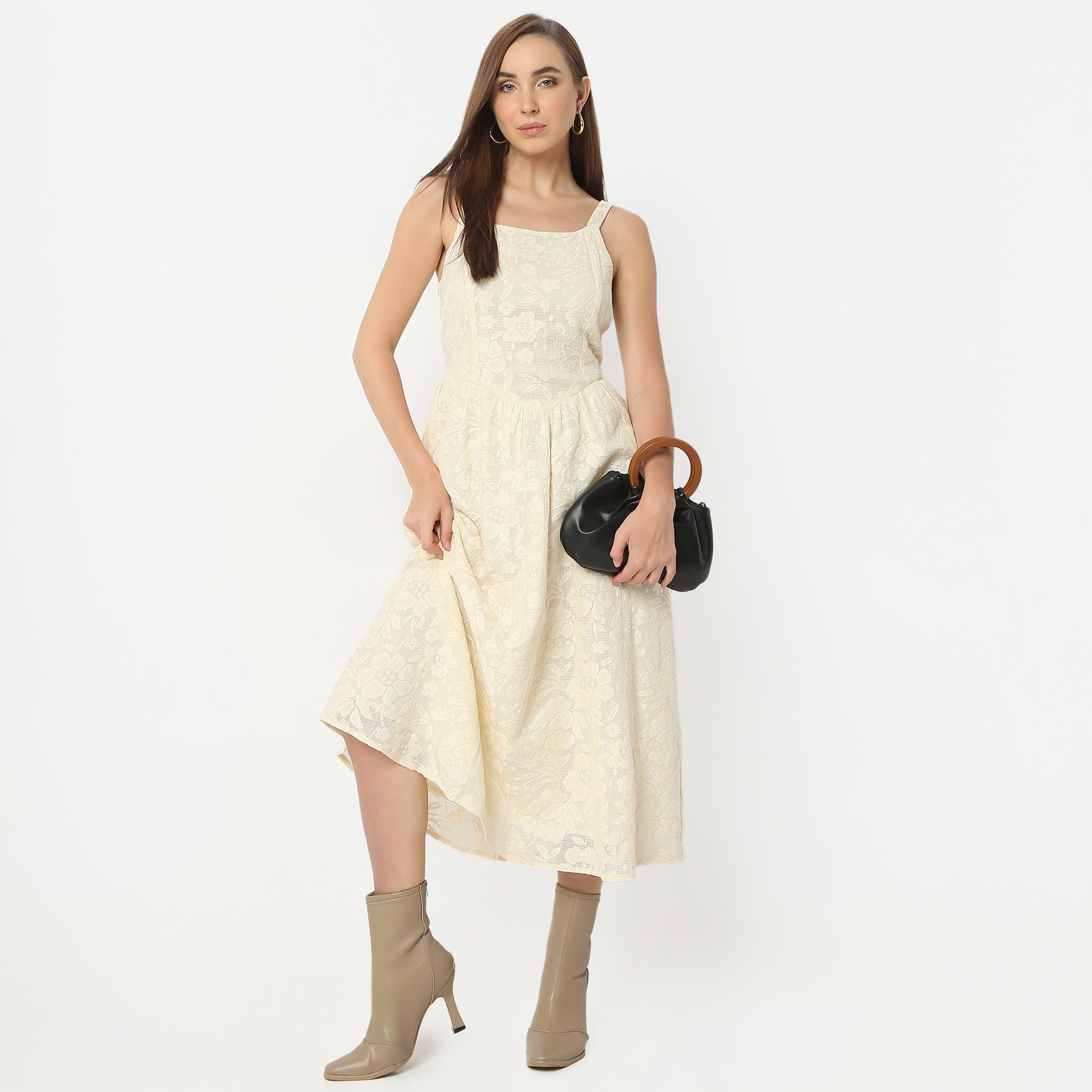 Flare Fit Embellished Below Knee Square Neck Sleeveless Dress for Women | Elegant Party & Cocktail Attire | Perfect for Weddings, Date Nights & Special Occasions
