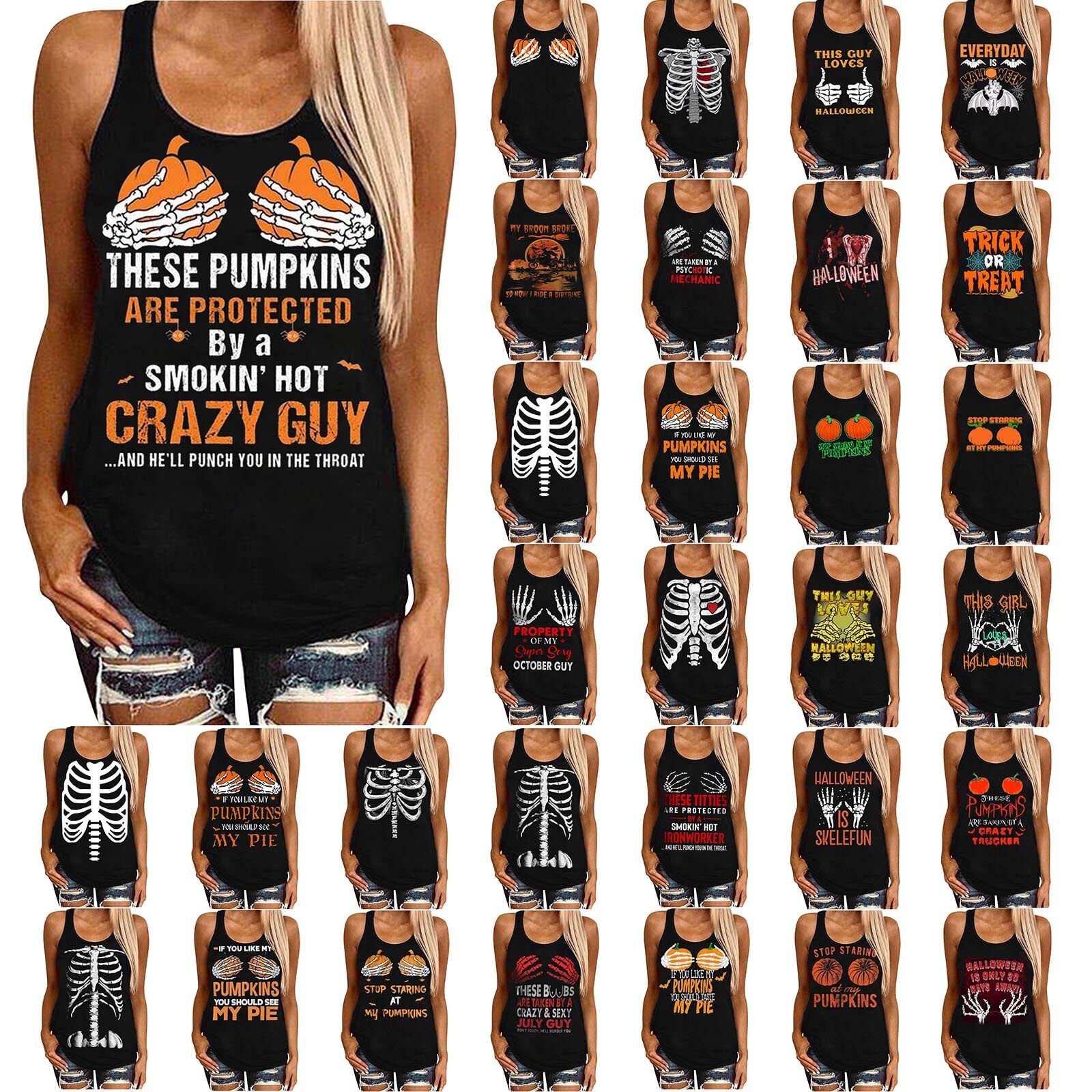 Women's Halloween Tank Tops - Sleeveless Skull & Pumpkin Print Sweatshirt for Ladies & Teen Girls | Casual Halloween Blouse for Costume Parties & Spooky Events