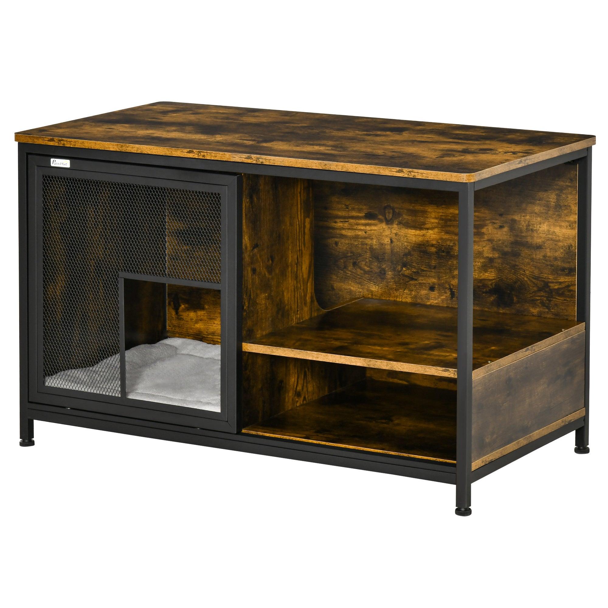 Stylish Wood & Steel Pet House - Cat Kennel & Dog Cage with Cushion, Sliding Doors - Rustic Brown End Table for Living Room, Bedroom Decor