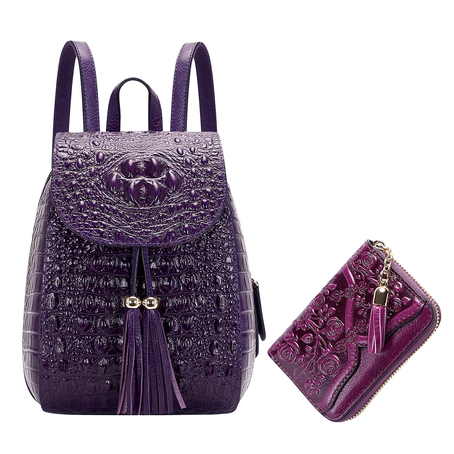 PIJUSHI Small Crocodile Leather Backpack Purse for Women - Fashionable Casual Crocodile Print Handbag with Matching Floral Card Wallet & Tassel - Perfect for Work, Travel & Daily Use