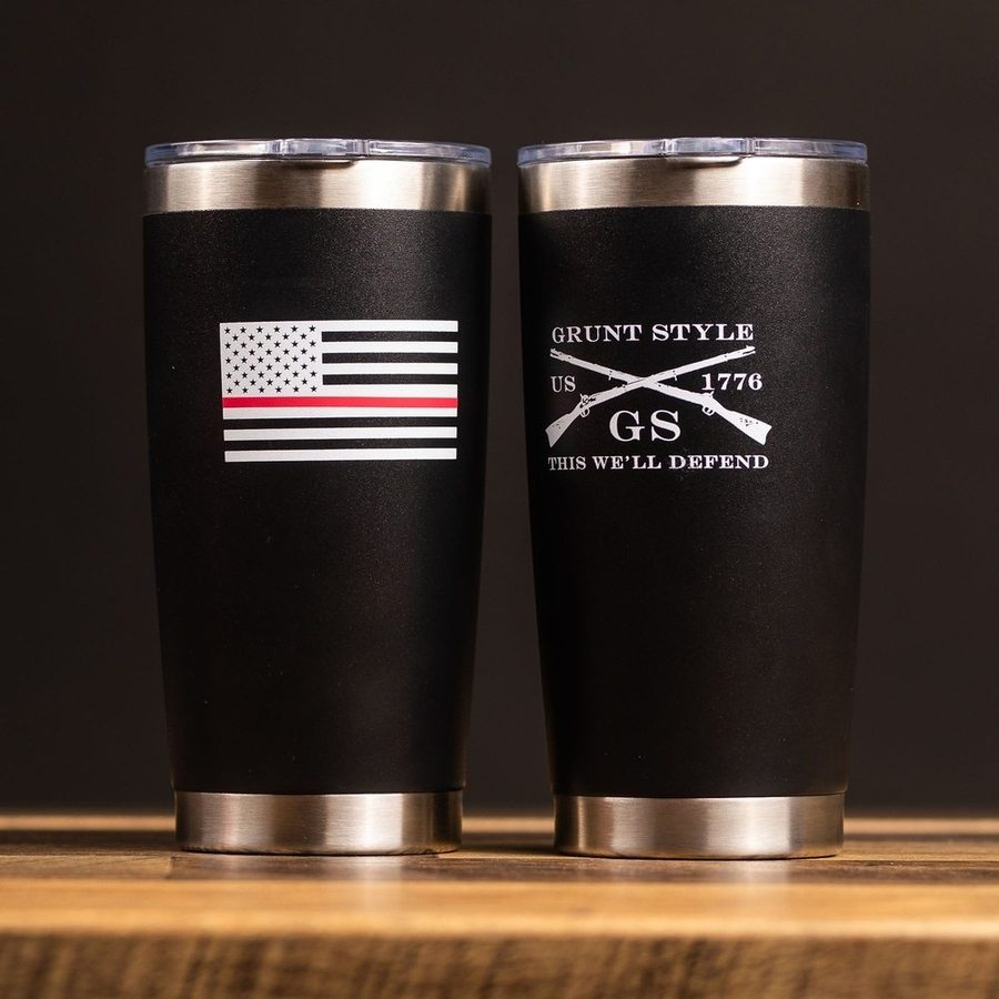 20oz Red Line American Flag Tumbler - Black Insulated Stainless Steel Cup for Hot & Cold Drinks - Perfect for Police Support, Outdoor Activities, and Office Use