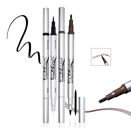 Dual Tip Liquid Eyeliner & Eyebrow Enhancer Pen - Long Lasting Waterproof, Smudgeproof, Quick Drying Formula with Growth Serum | Ultra-Fine Felt Tip for Precise Lines | Perfect for Everyday Makeup & Special Occasions