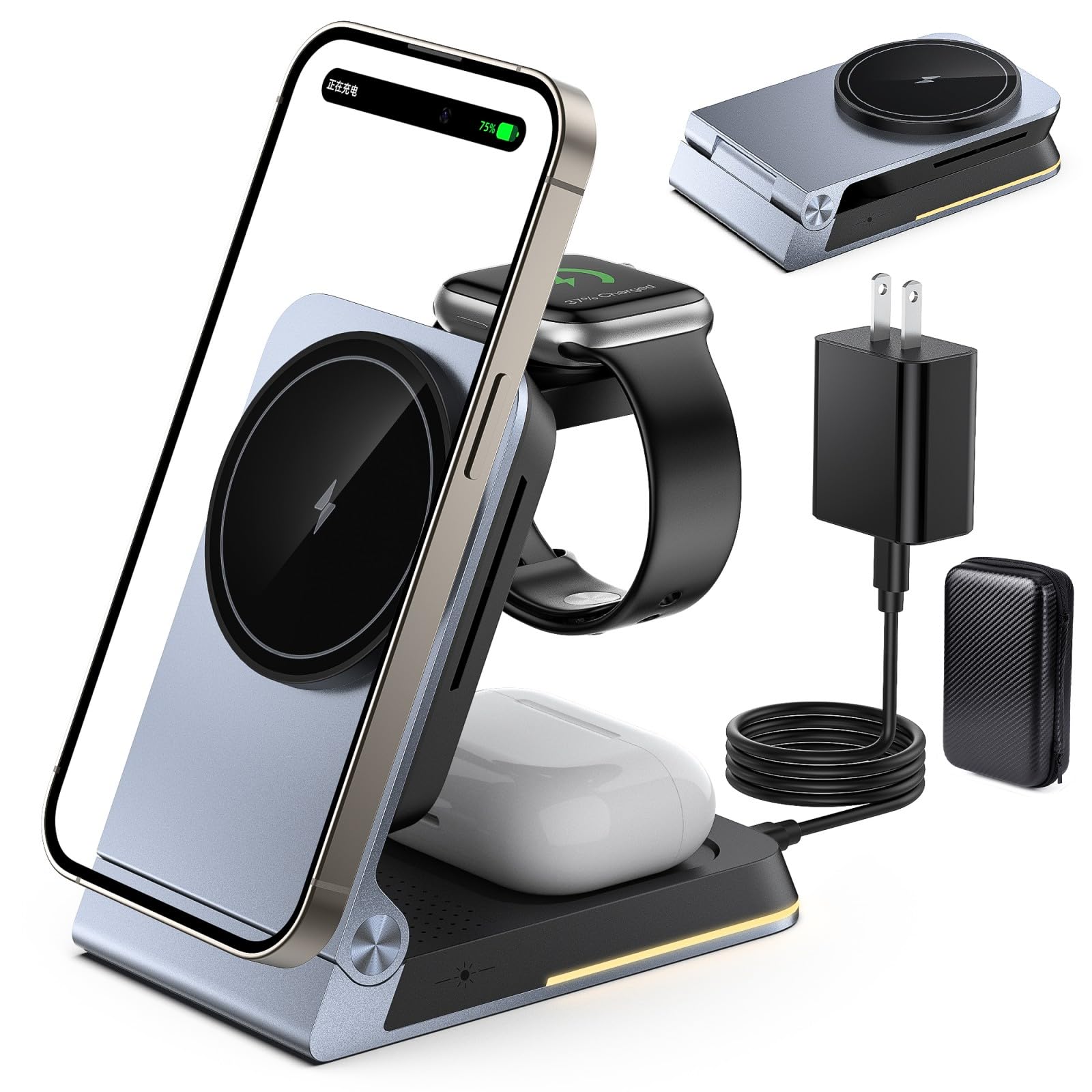 3-in-1 Foldable Aluminum Wireless Charging Station with MagSafe - Fast Charging Stand for iPhone 16/15/14, Apple Watch & AirPods - Includes PD 20W Adapter & Travel Case | Perfect for Home, Office & Travel Use