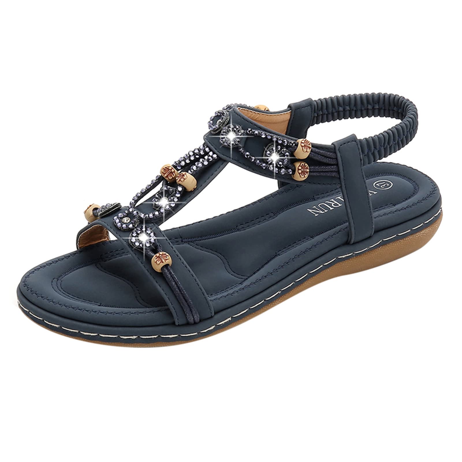 Bohemian Beaded Elastic Sandals for Women - Comfortable Casual Beach Shoes with Blue & White Design | Perfect for Summer Outings, Vacations & Boho Fashion