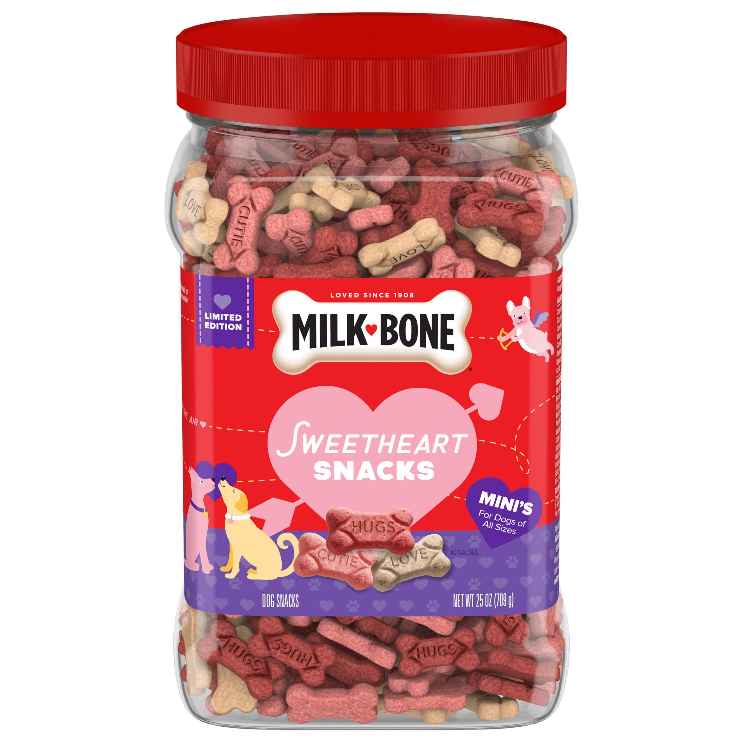 Milk-Bone Sweetheart Snacks Mini's Dog Treats - 25oz Canister (Pack of 6) | Crunchy & Delicious Training Rewards for Small & Medium Dogs | Perfect for Obedience Training, Positive Reinforcement & Daily Snacking
