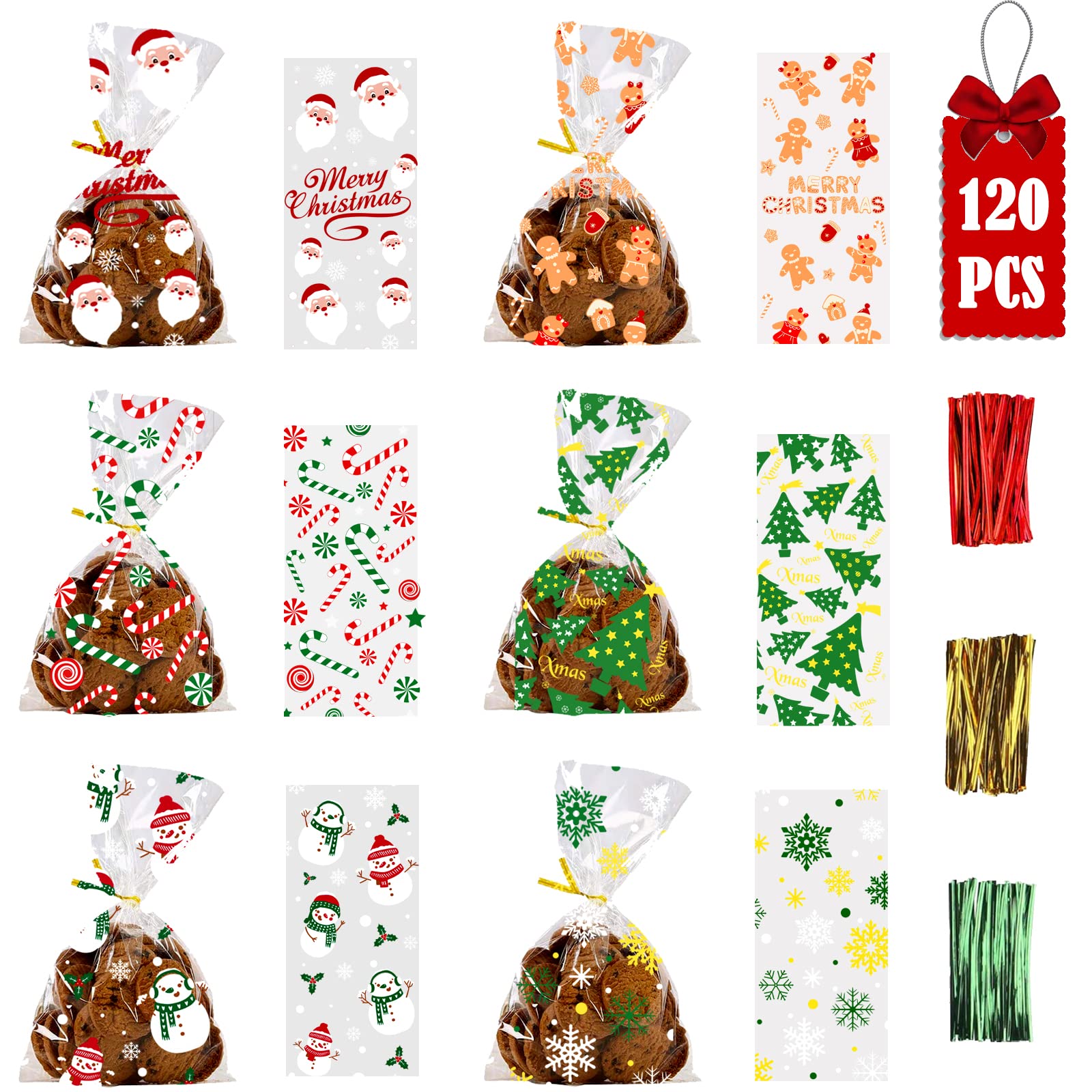 120PCS Christmas Cellophane Treat Bags for Candy, Cookies & Party Favors - DIYDEC Xmas Cello Goodie Bags with Twist Ties - Perfect for Holiday Gifts, Classroom Treats & Christmas Party Decorations