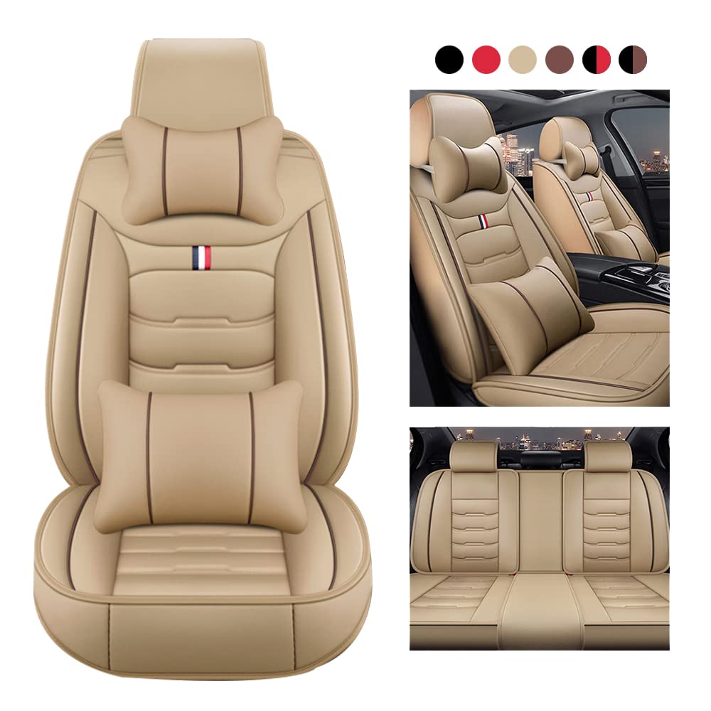 Premium Universal Leather Car Seat Covers Full Set - Waterproof Auto Seat Protectors for Sedan, Truck & SUV with Headrest & Back Pillow (Beige) | Perfect for Daily Commute, Road Trips & Family Travel