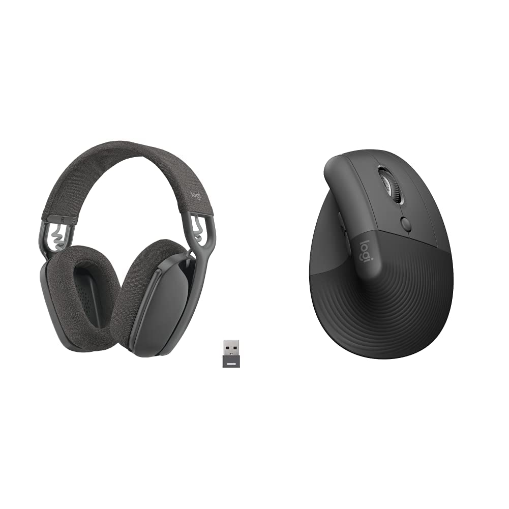 Logitech Zone Vibe 125 Wireless Bluetooth Headphones with Noise Cancelling & Lift Vertical Ergonomic Mouse - Graphite Combo Set for Office Work, Video Calls, and Gaming