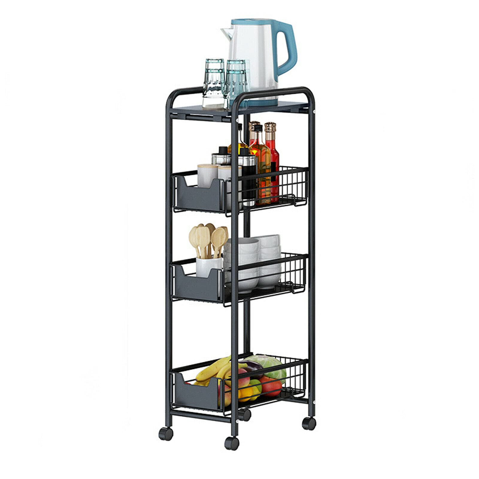 4-Tier Metal Rolling Storage Cart with Wheels & Handle - Slim Narrow Organizer Tower for Kitchen, Bathroom, Laundry - Mobile Utility Shelving Unit for Spice Racks, Pantry Storage & Bathroom Essentials