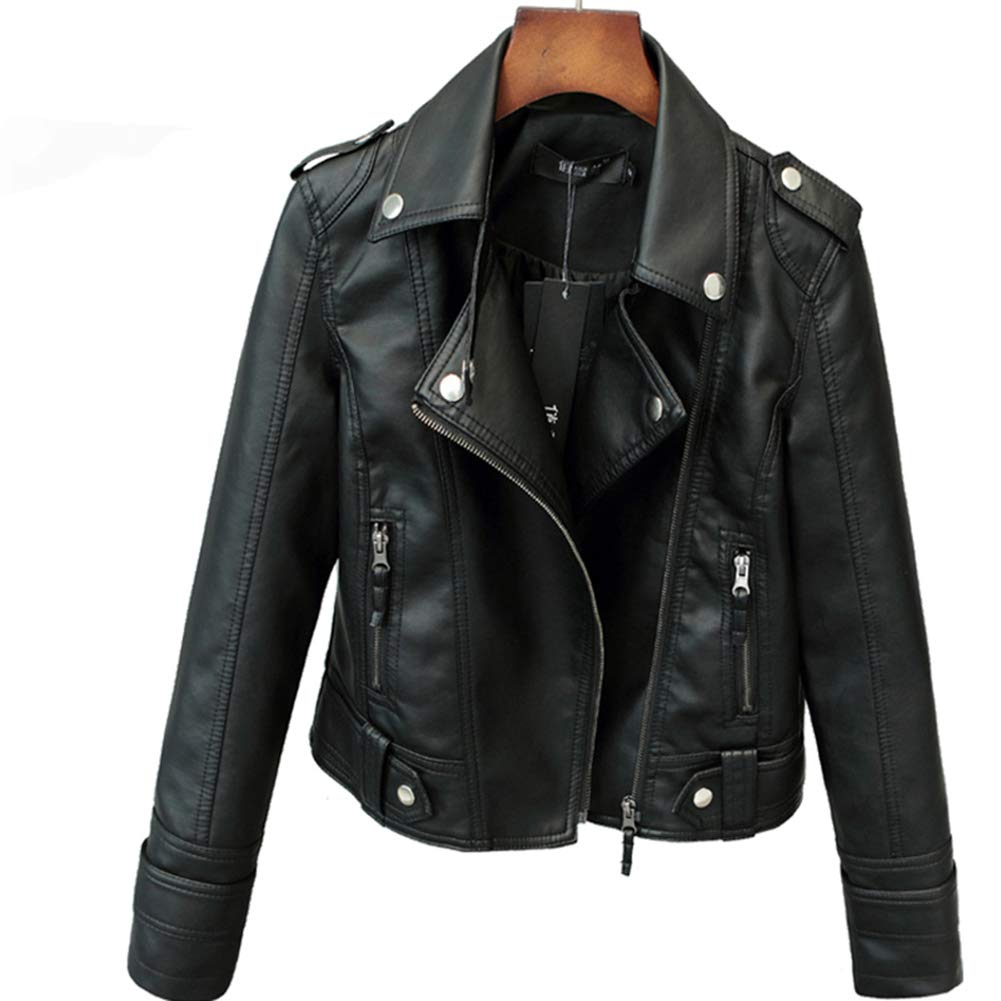 Women's Faux PU Leather Jacket - Slim Fit Punk Motorcycle Biker Jacket for Spring & Autumn | Fashionable Short Coat for Casual Outfits & Night Out | Black