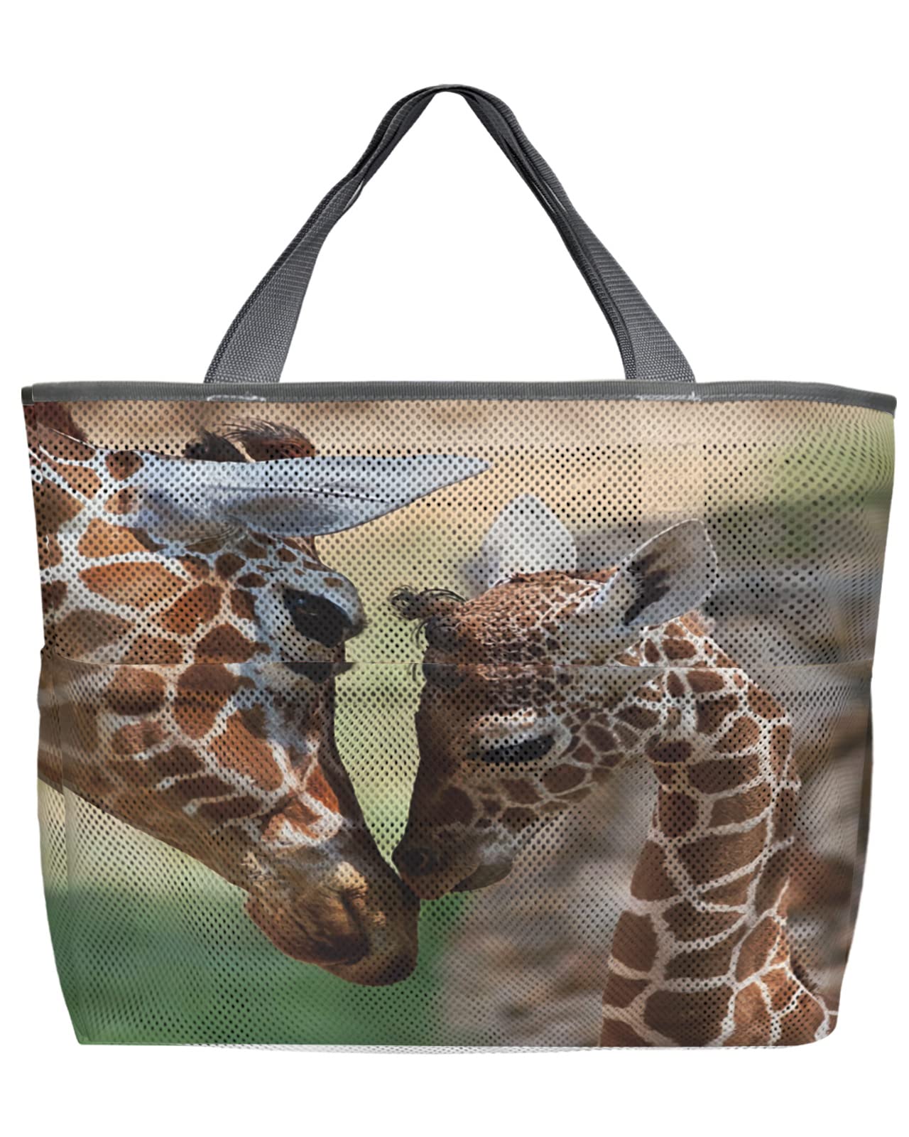 Large 60L Mesh Beach Tote Bag with Pockets - Mother & Baby Giraffe Print Oversized Quick-Dry Swim Bag | Foldable Lightweight for Pool, Beach, Grocery Shopping & Family Outings | 24