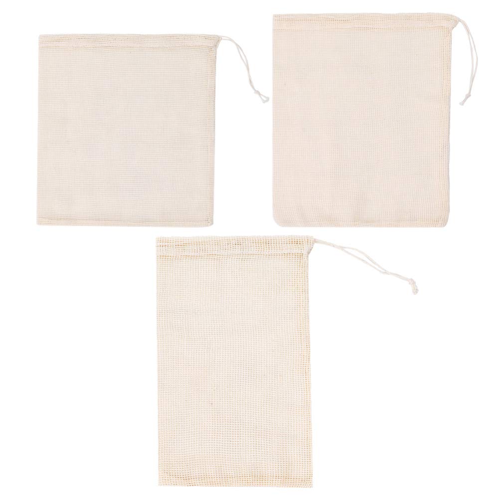 TEHAUX 3-Pack Reusable Cotton Mesh Produce Bags with Drawstring - Eco-Friendly Grocery Shopping Bags for Fruits, Vegetables & Bulk Foods - Perfect for Farmers Market, Kitchen Storage & Zero-Waste Lifestyle (Beige)