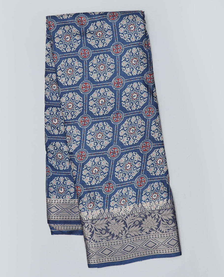 Blue Ajrakh Printed Semi Banaras Dola Saree with Traditional Zari Border | Indian Ethnic Wear for Weddings & Festivals | Handcrafted Cotton Silk Saree for Women