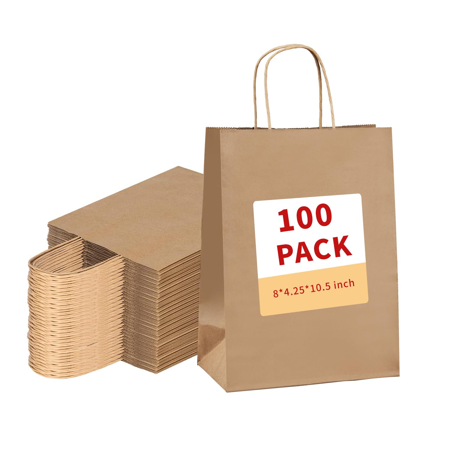 Vanhel 100 Pack Brown Paper Gift Bags with Handles - 8x4.25x10.5 Inches Bulk Kraft Shopping Bags for Retail, Party Favors, Birthday, Christmas & Wedding - Eco-Friendly Merchandise Bags for Stores, Events & Gifting