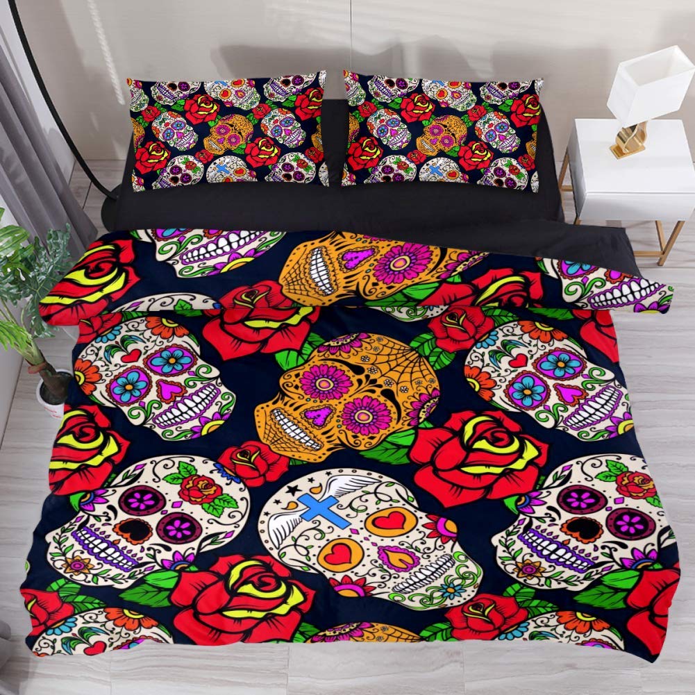 NEWzone Mexican Sugar Skull with Rose 3-Piece Duvet Cover Set - Full Size Bedding with 1 Duvet Cover & 2 Pillowcases - Vibrant Day of the Dead Design for Kids & Teens Bedroom Decor