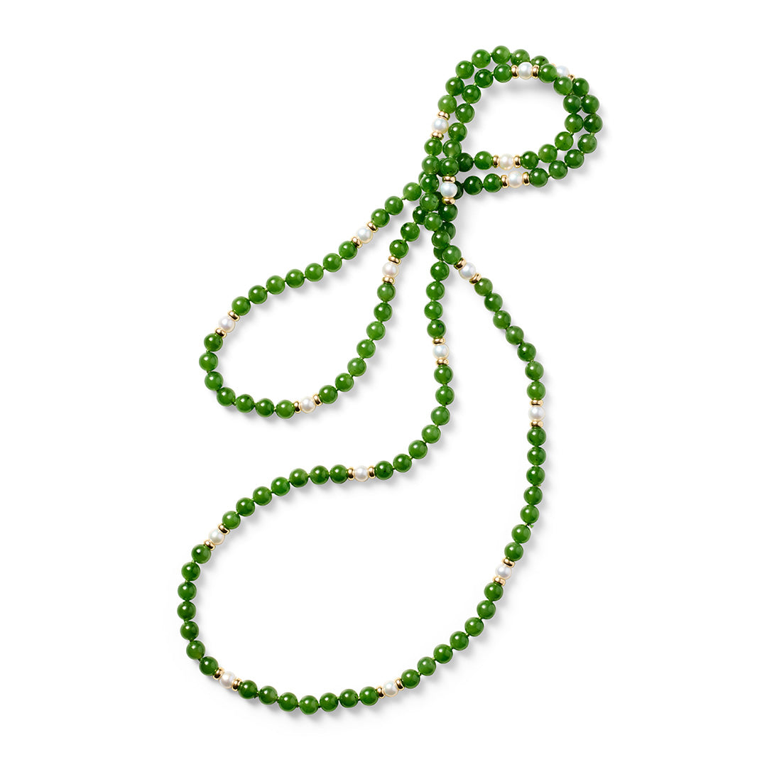5mm Green Nephrite Jade & Pearl Station Rope Necklace - Elegant Dainty Jewelry for Women, Perfect for Weddings, Parties and Everyday Wear