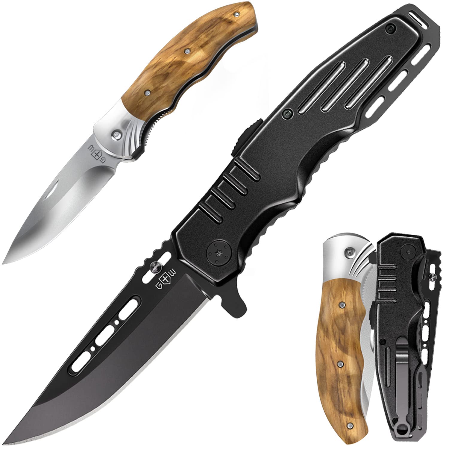 Premium 2-Pack Gentleman's Folding Pocket Knives with Wood Handle & Sharp Blade - Best Men's EDC Knife for Camping, Hunting, Survival - Ideal for Outdoor Adventures, Boy Scouts & Everyday Carry