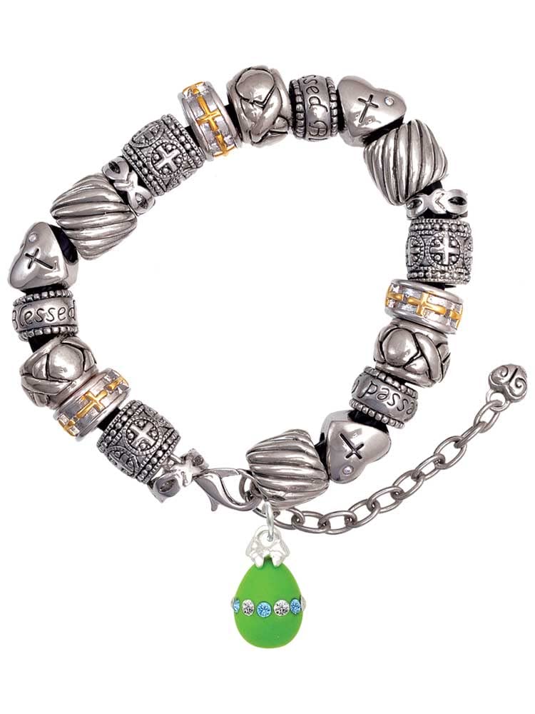 Delight Jewelry Silver Tone Easter Egg Charm Crystal Beaded Christian Bracelet, Adjustable 7
