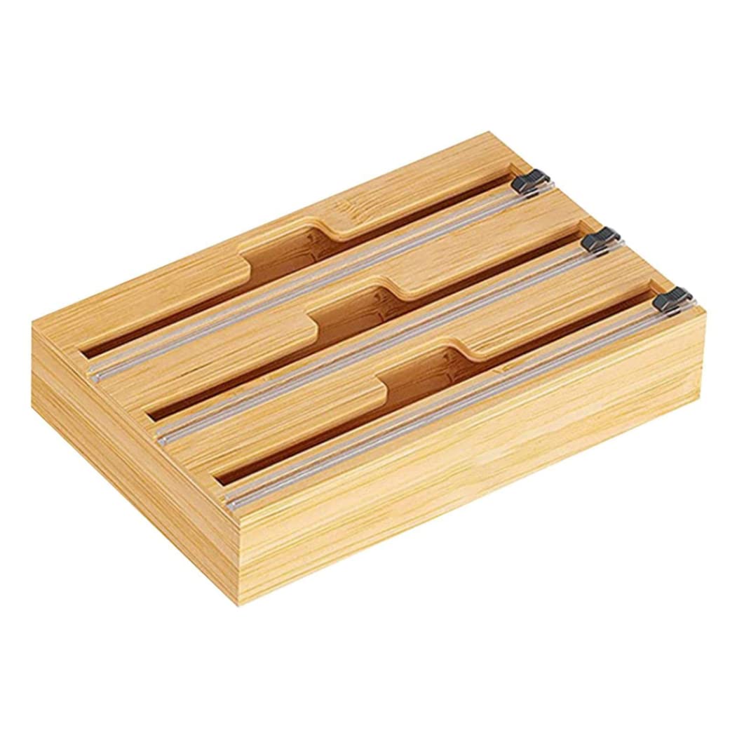 Bamboo Wrap Dispenser with Built-in Cutter - Aluminum Foil, Plastic Wrap & Wax Paper Organizer for Kitchen Cabinet - Perfect for Food Prep, Meal Storage & Kitchen Organization