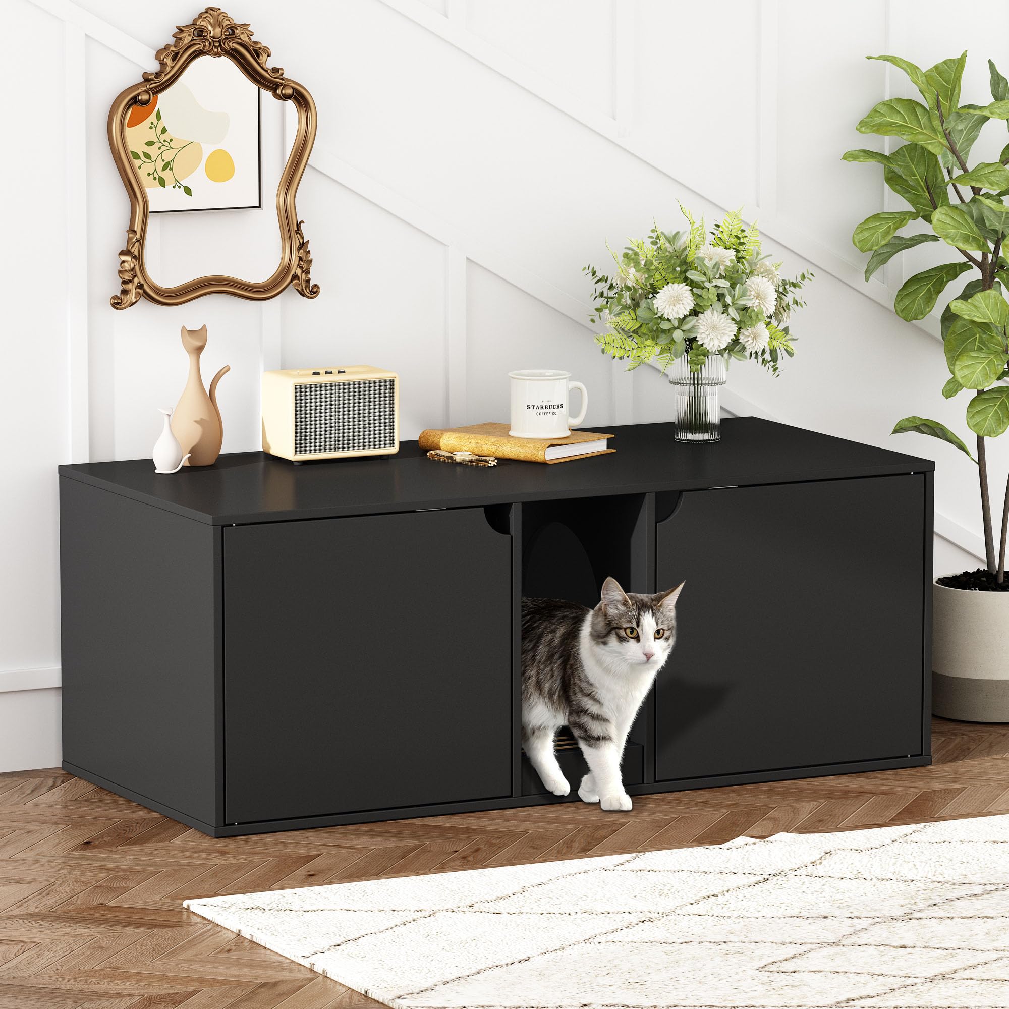 Modern Wooden Cat Litter Box Enclosure for 2 Cats - Stackable Large Cat Washroom Storage Cabinet with Removable Litter Box, Bench End Table Furniture in Black - Perfect for Small Spaces & Multi-Cat Homes