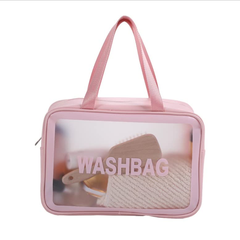 Large Clear Travel Cosmetic Bag - Makeup Pouch for Women & Girls | Pink Toiletry Organizer for Trips