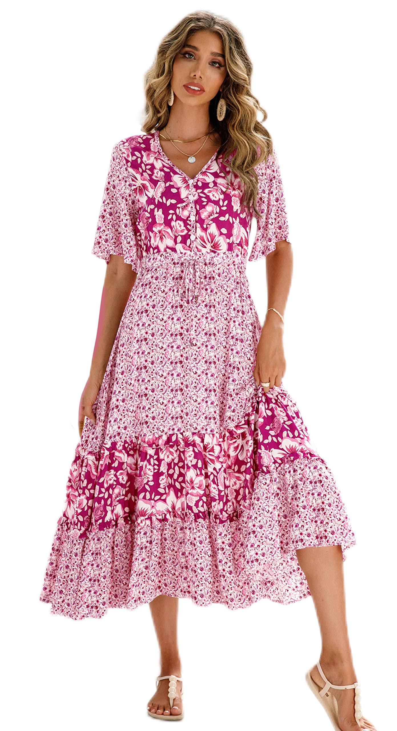 R.Vivimos Women's Floral Print Short Sleeve V-Neck Cotton Midi Dress with Button Front - Perfect for Beach Vacations, Summer Outings & Casual Wear