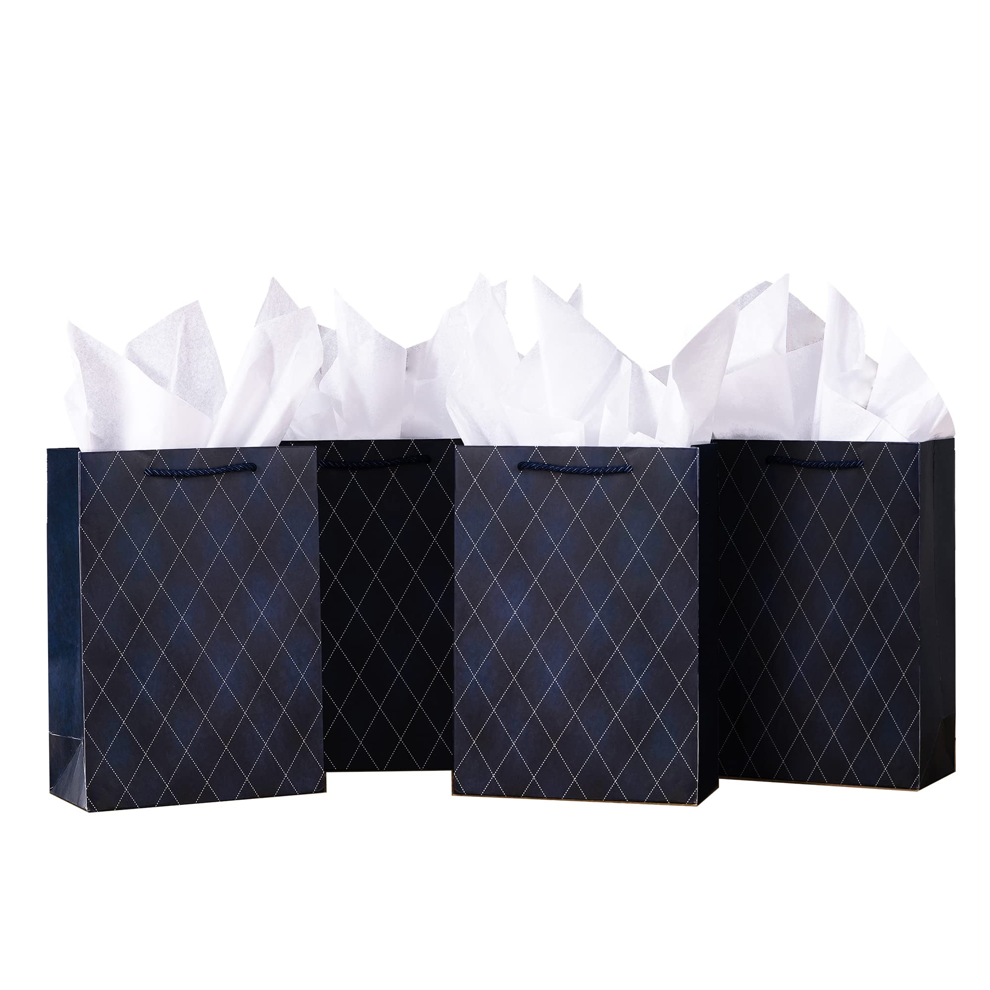 SHIPKEY 10 Pack Navy Blue Gift Bags with Tissue Paper - 8x4x11 Kraft Paper Bags with Handles for Men, Groomsmen, Birthday, Wedding & Party Favors - Bulk Gift Bags with Grid Design for Elegant Present Wrapping