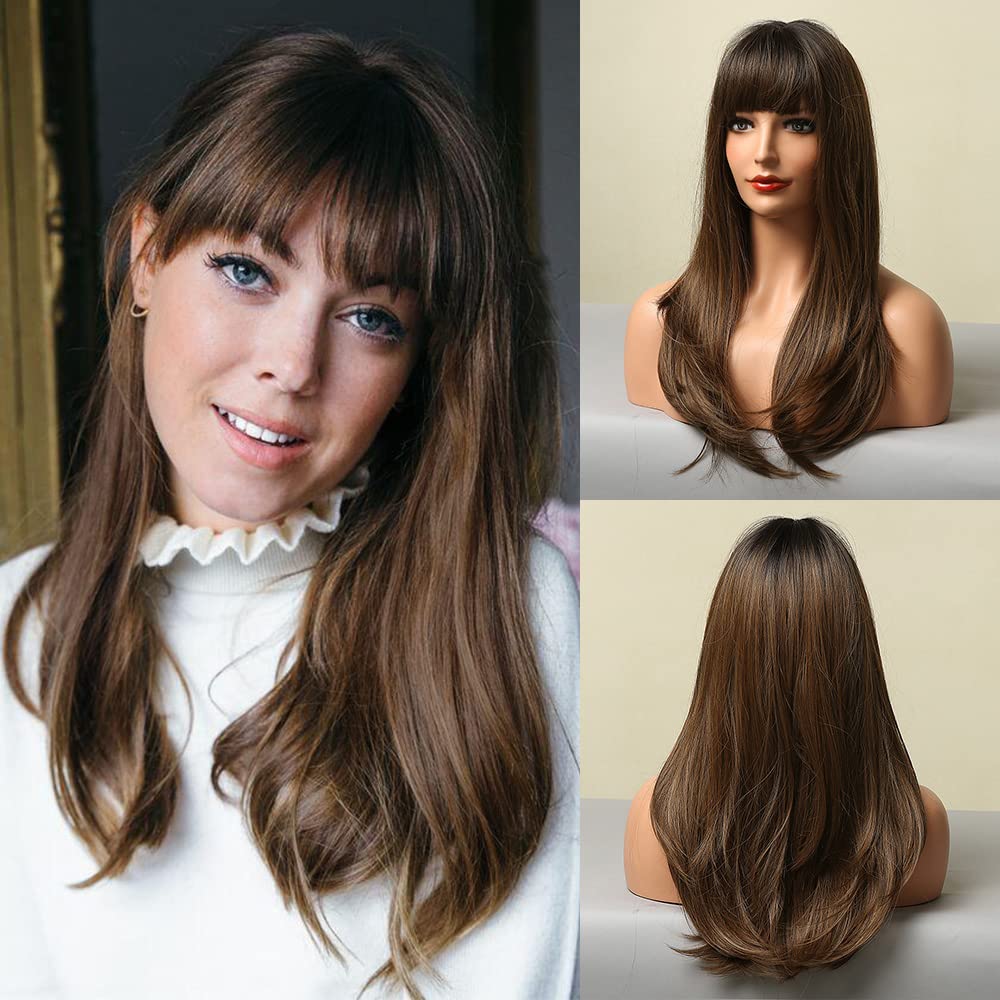 HAIRCUBE Brown Long Straight Layered Synthetic Wig with Bangs for Women - Heat Resistant Fiber, Natural Looking Everyday Wig for Cosplay, Parties & Daily Wear