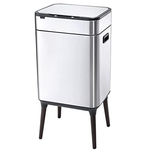 ELPHECO 12 Gallon Brushed Stainless Steel Motion Sensor Trash Can - No Inner Bucket, Large Capacity Kitchen Waste Bin with Wooden Legs - Perfect for Modern Kitchens, Restaurants, and Offices