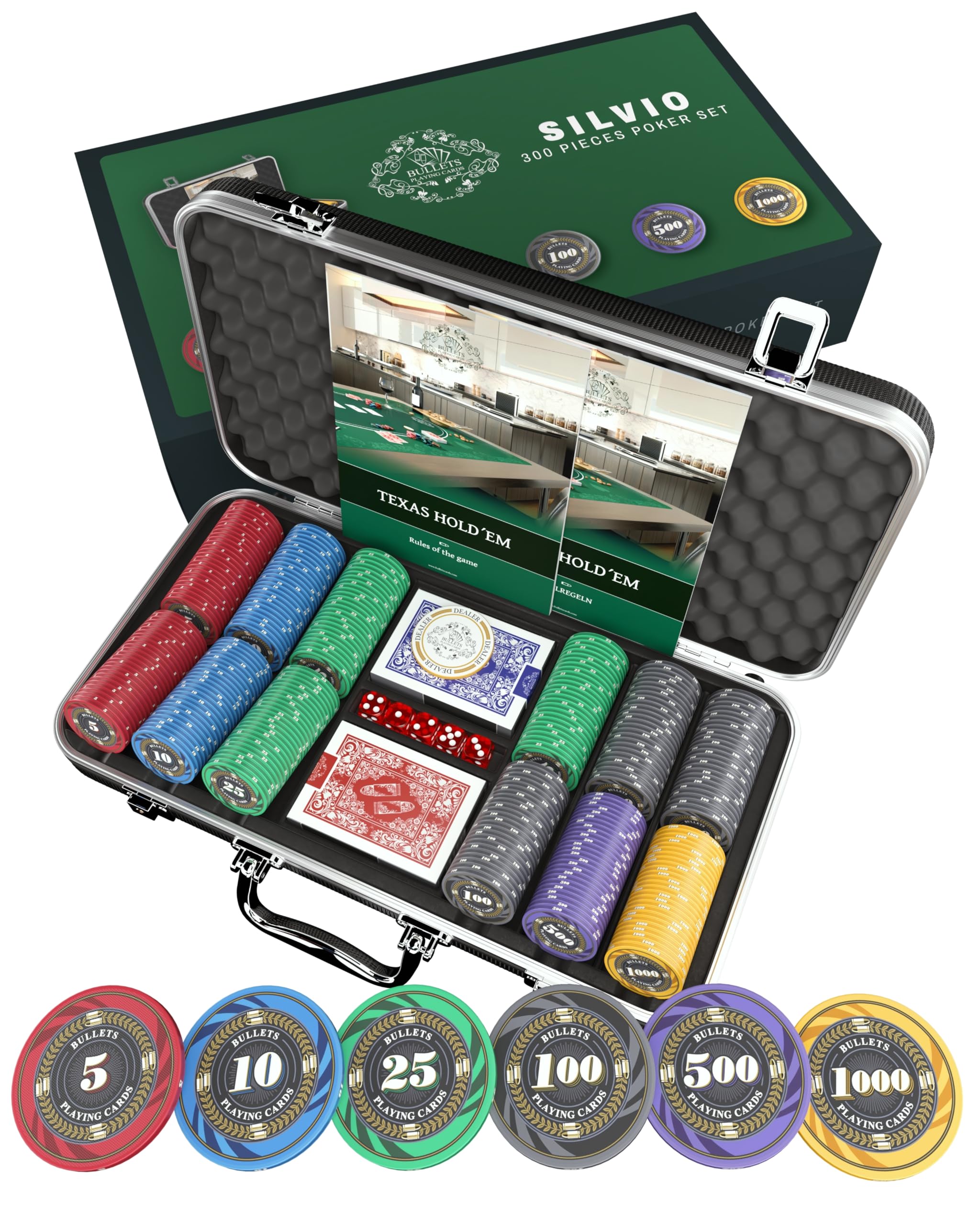Bullet Playing Cards Poker Set with Case - 300 Ceramic Chips for Poker, Blackjack & Casino Games - Durable Complete Poker Chip Set with Denomination Values - Perfect for Home Games, Casino Nights & Poker Tournaments